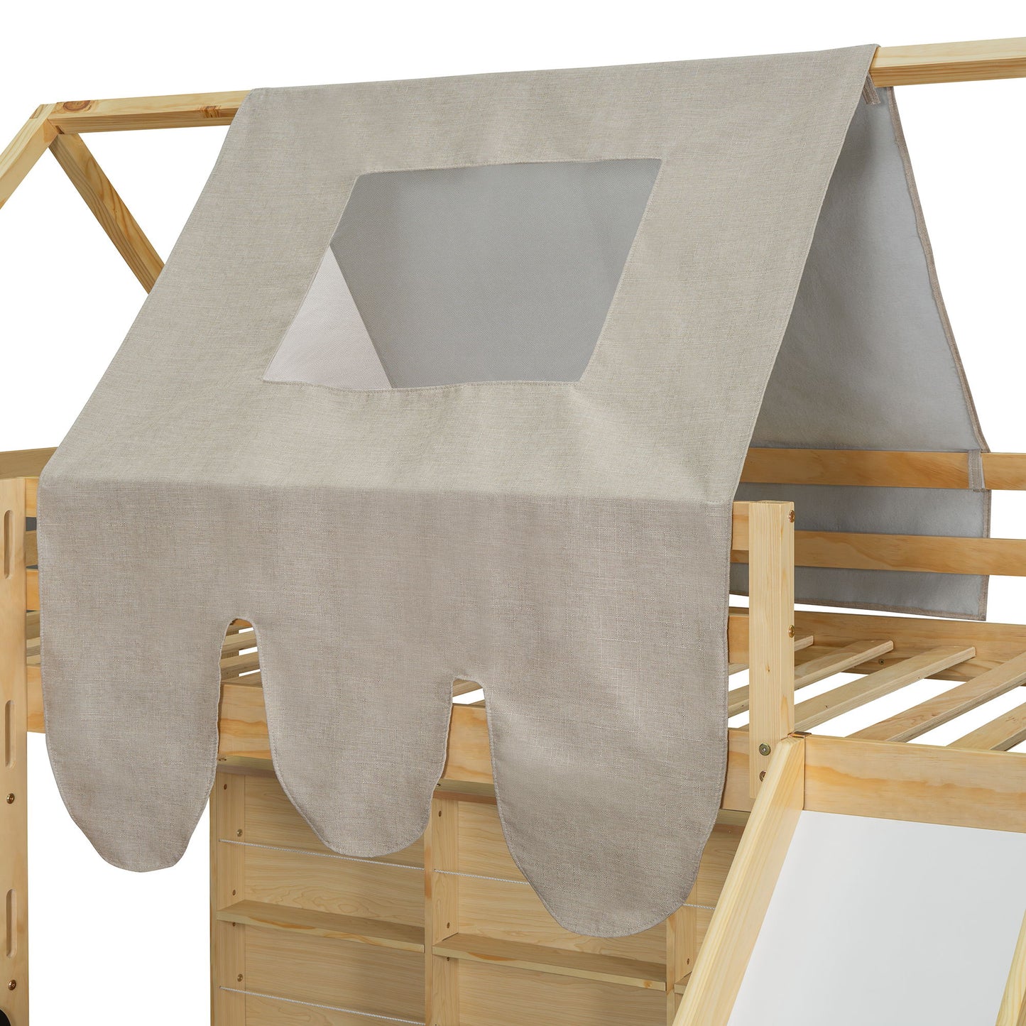 Twin Size Loft Bed With House Shaped Frame And Tent - Natural / Beige