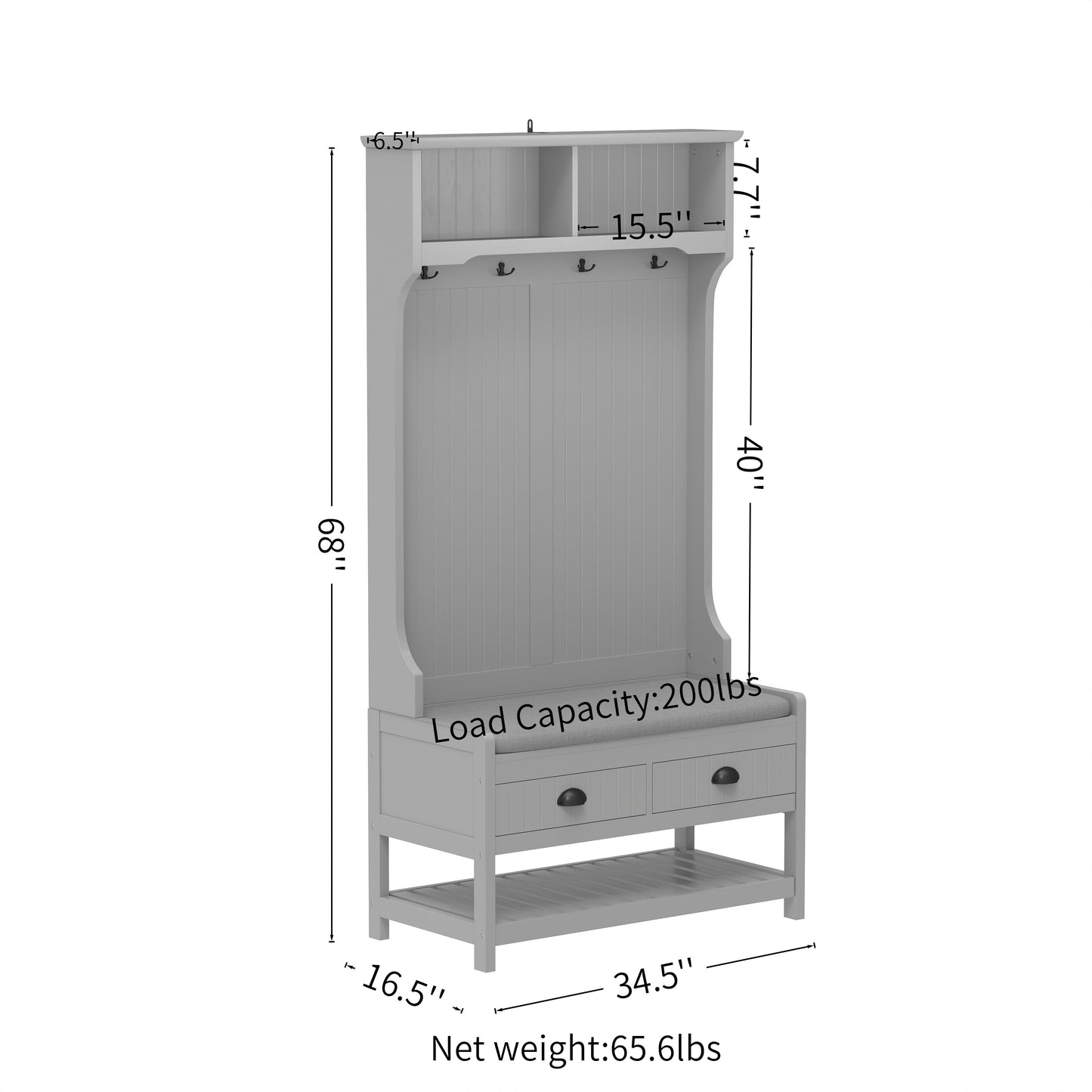 Modern 3 In 1 Hallway Hall Tree With Storage Drawers, Coat Rack, Shoe Rack Bench, And Cushion - Gray