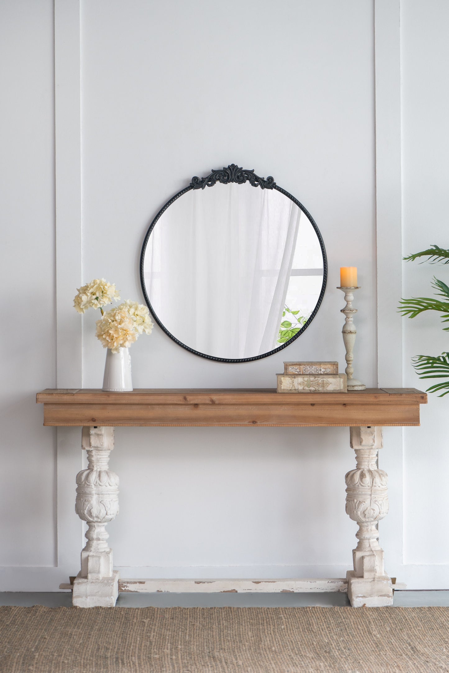 Classic Design Mirror With Round Shape And Baroque Inspired Frame For Bathroom, Entryway, Console Lean Against Wall - Black