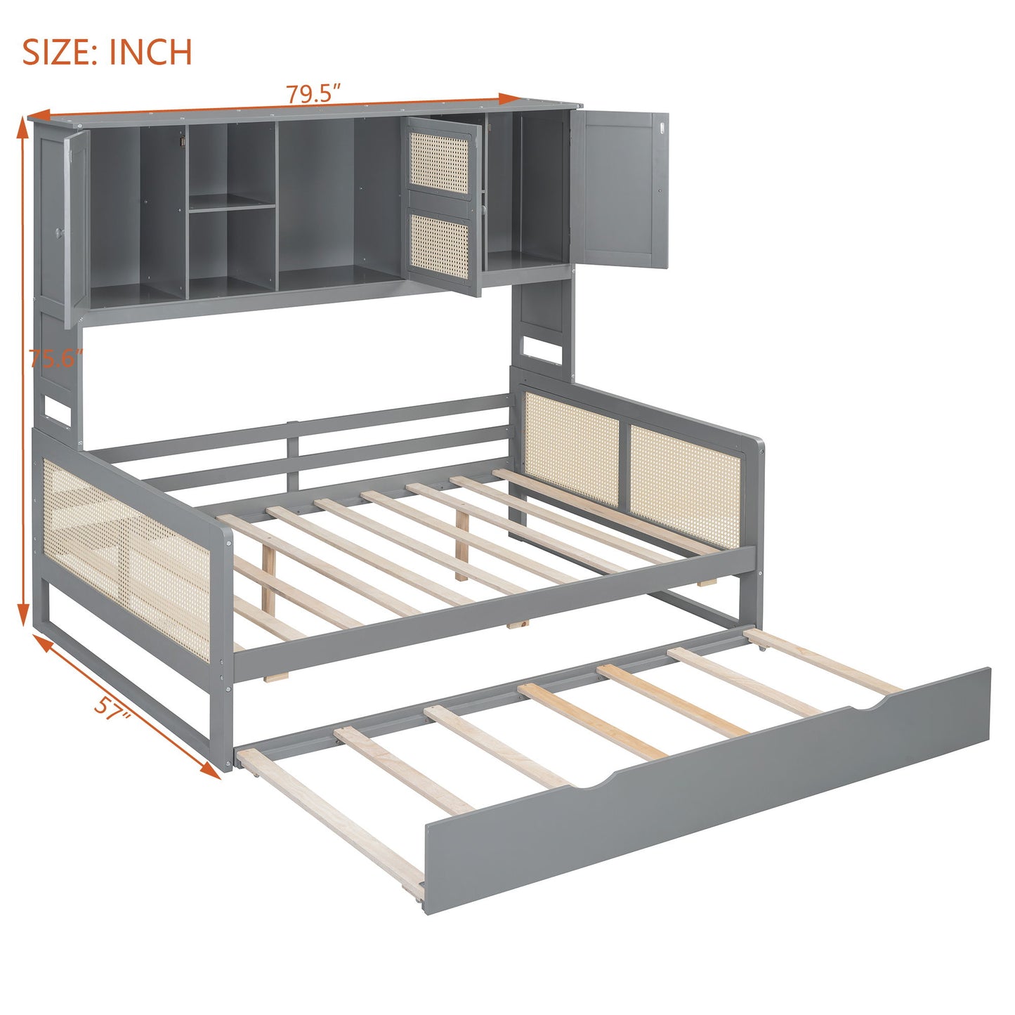 Full Size Wooden Daybed & Twin Size Trundle, And All In One Cabinet And Shelf - Gray
