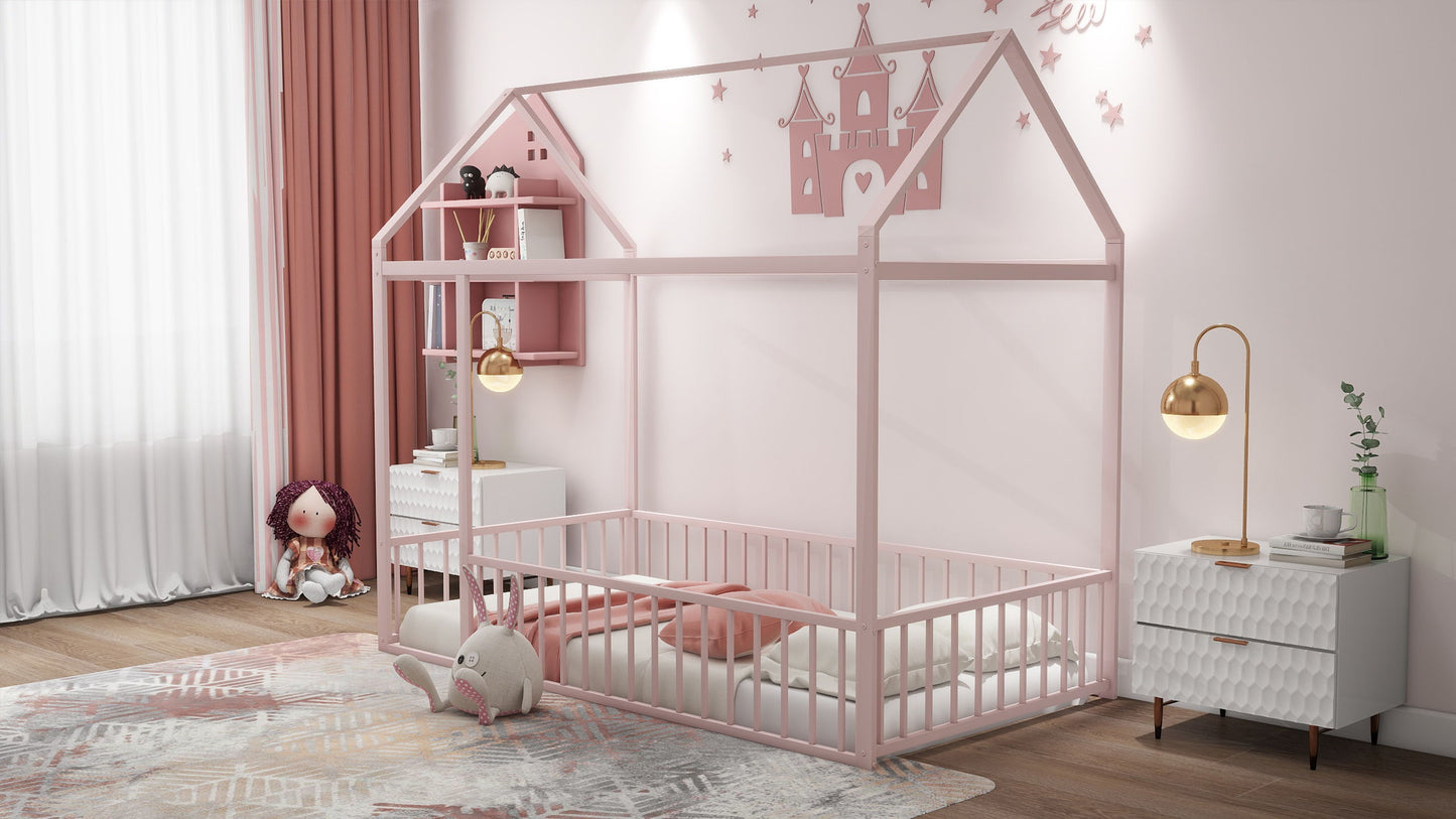 Twin Size Bed House Bed Frame With Fence - Pink