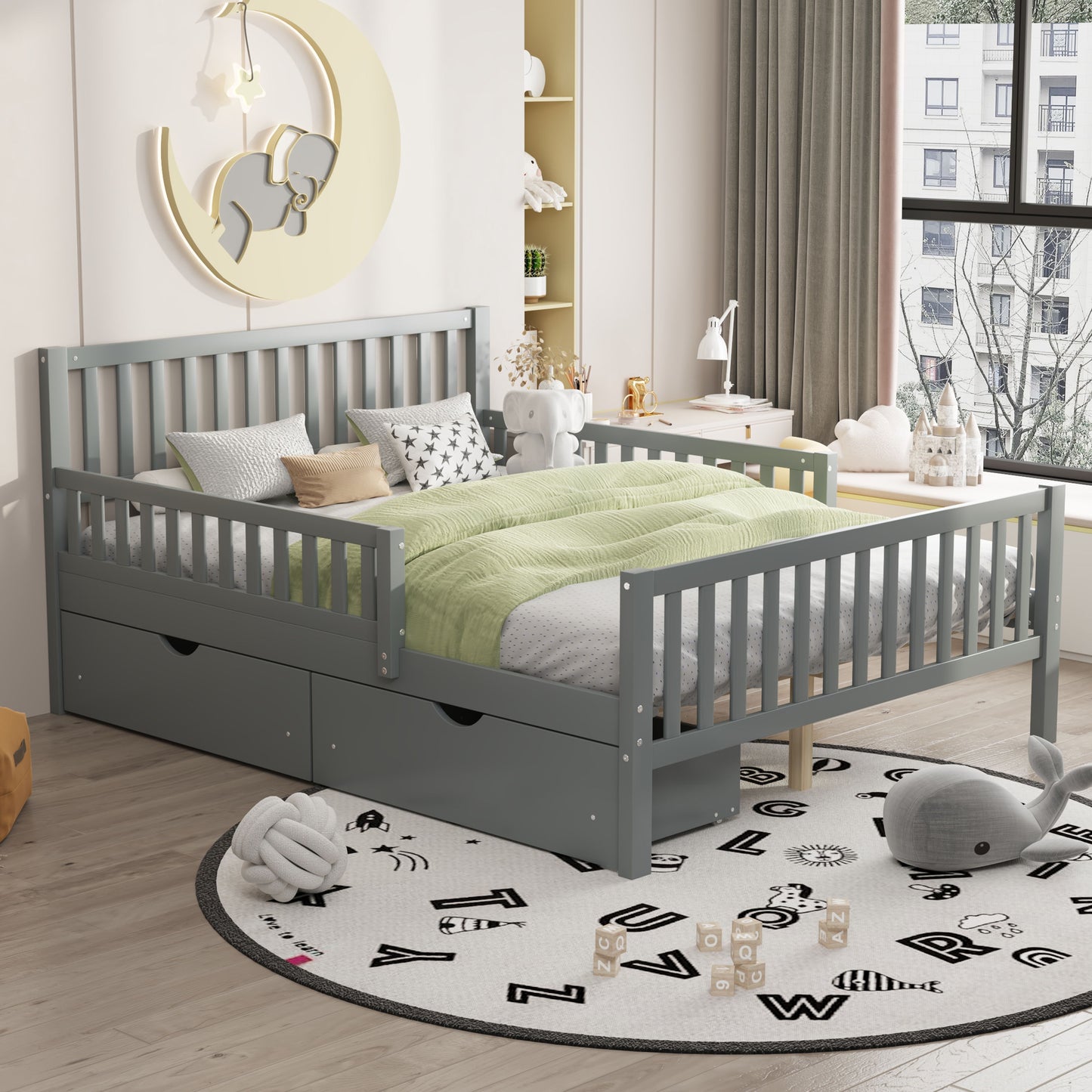 Full Size Platform Bed With Guardrails On Both Sides And 2 Storage Drawers - Gray