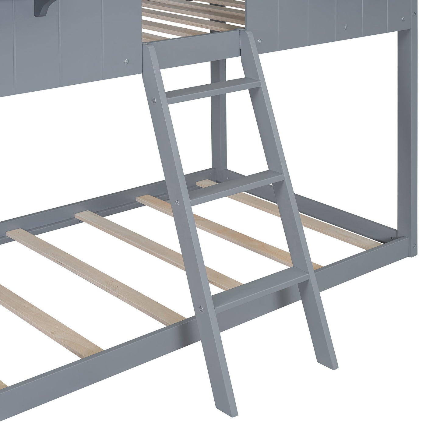 Twin Over Twin Bunk Bed With Roof, Window, Guardrail, Ladder - Gray