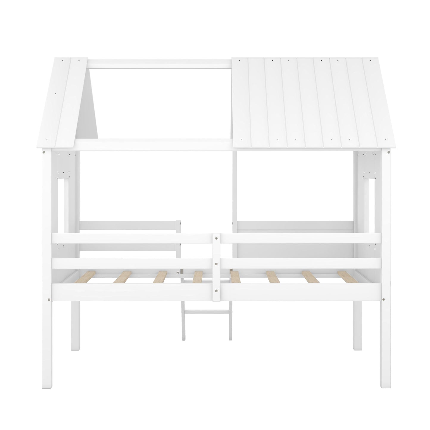 Twin Size Low Loft House Bed With Two Side Windows - White