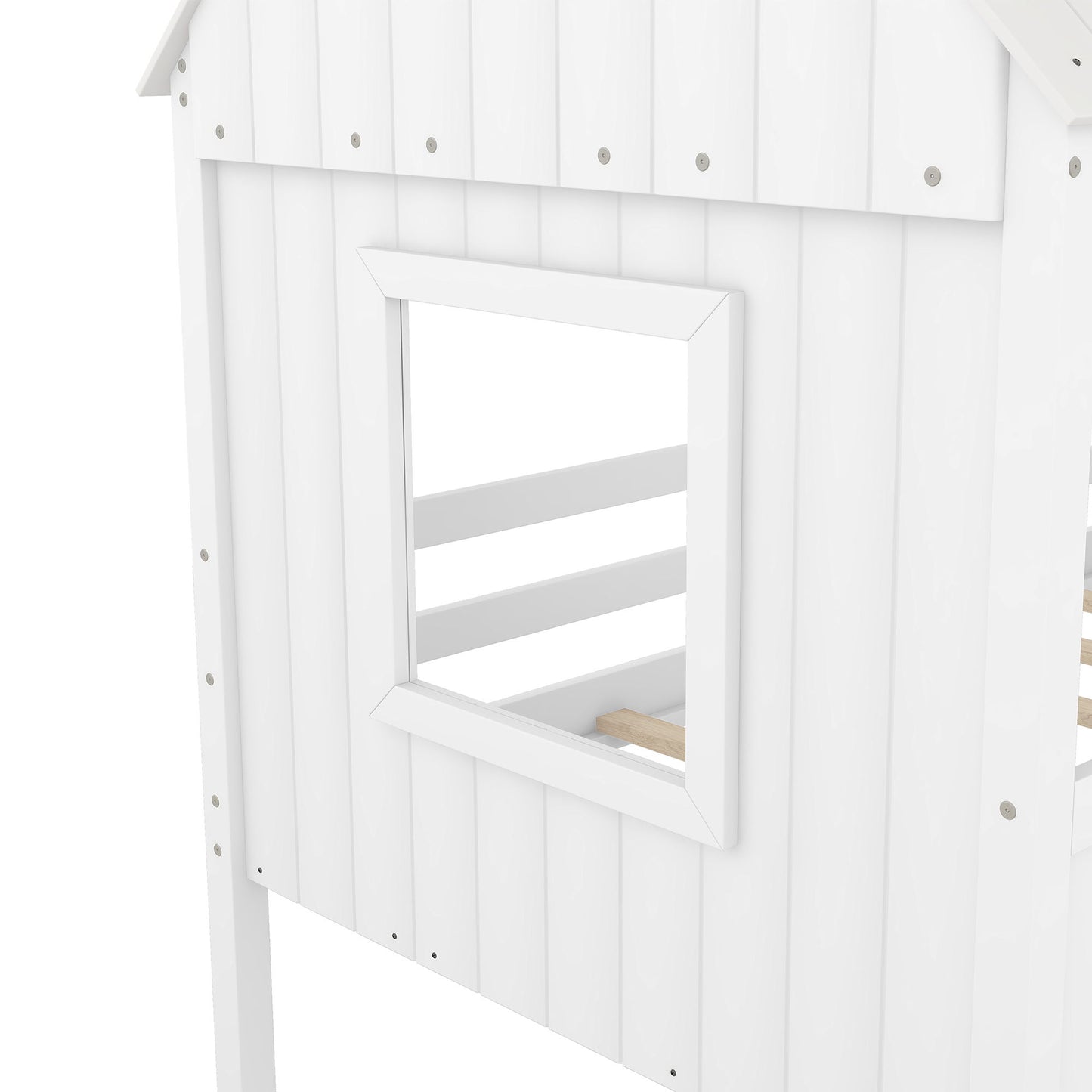 Twin Size Low Loft House Bed With Two Side Windows - White