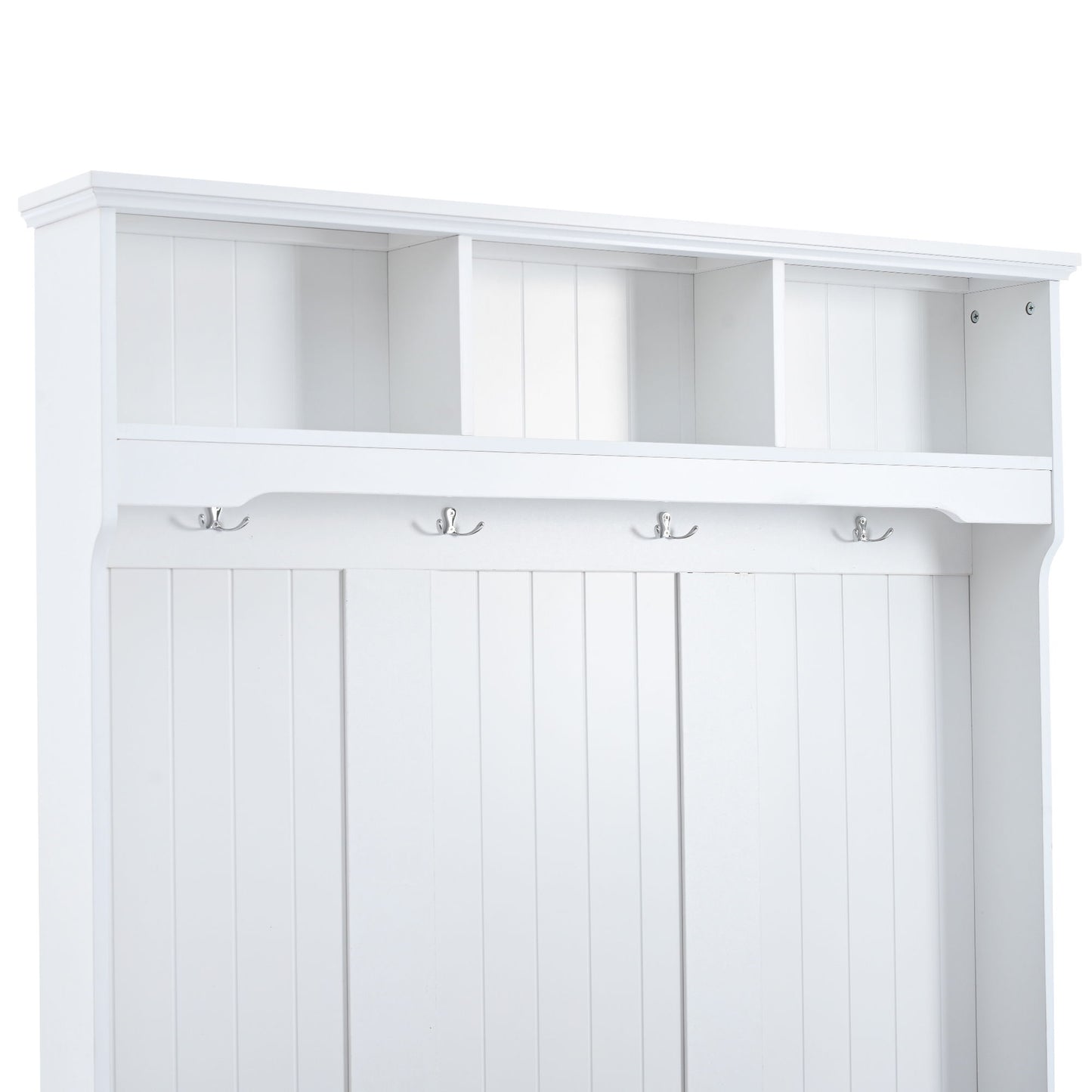 5 In 1 Entryway Bench With Shutter - Shaped Doors, Coat Rack, Cushion And 4 Sturdy Hooks, Wide Hall Tree With Storage Bench For Hallway, Entryway, Living Room - White