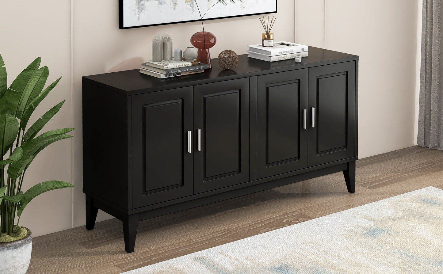 4 Door Sideboard Storage Cabinet With Door Shelf For Living Room And Dining Room, 2 Large Cabinets With Adjustable Shelf - Black