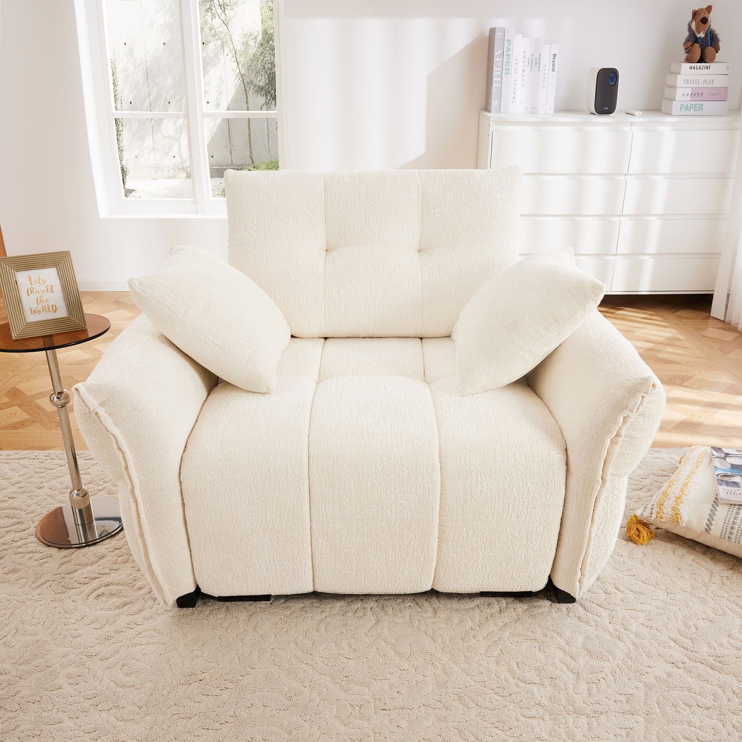 Ergonomic Single Seater Sofa With High Resilience Support Cushions And Throw Pillows, Modern Design - White