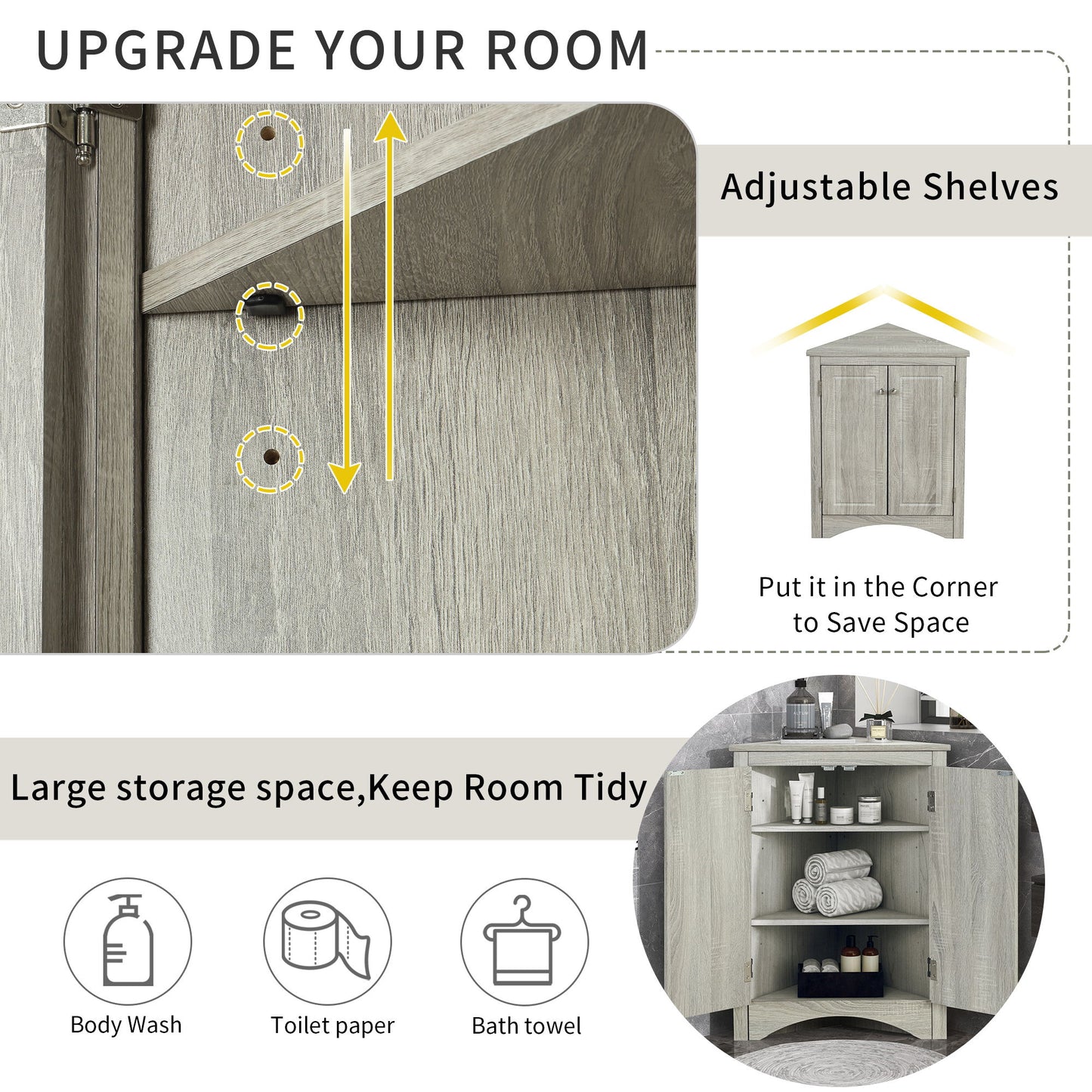 Triangle Bathroom Storage Cabinet With Adjustable Shelves, Freestanding Floor Cabinet For Home Kitchen - Oak