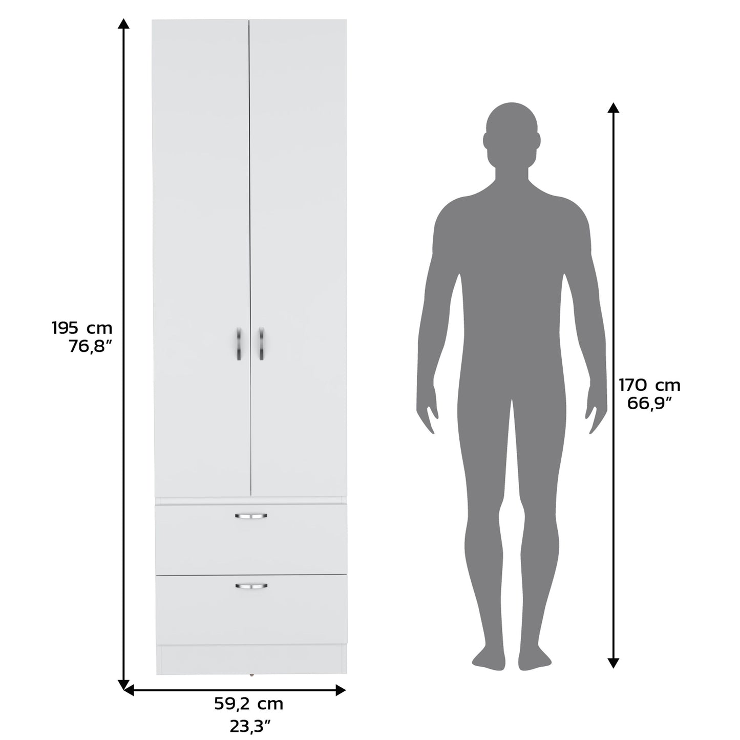 Armoire Wardrove, Hanging Rod, 2 Drawers, 1 Shelf - White