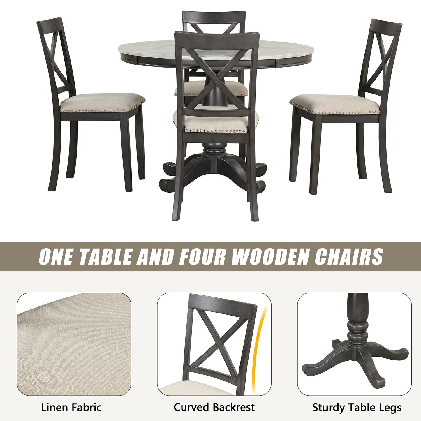 5 Pieces Dining Table And Chairs Set For 4 Persons, Kitchen Room Solid Wood Table With 4 Chairs - Gray