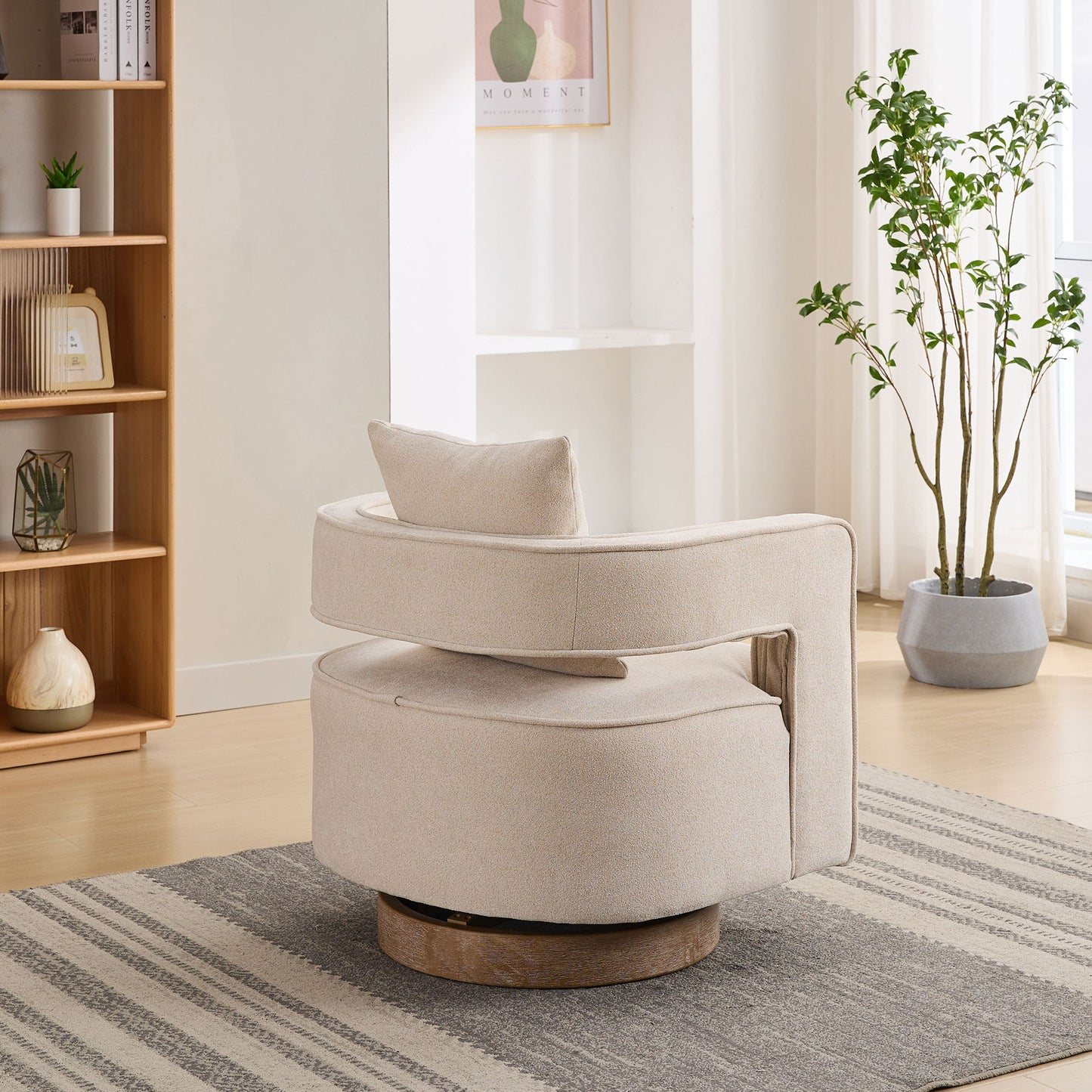 Swivel Accent Open Back Chair Modern Comfy Sofa Chair With Weathered Base For Living Room, Club Chair Leisure Arm Chair For Lounge - Beige