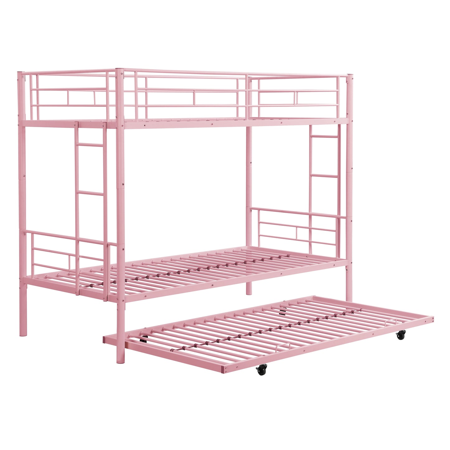 Modern Metal Bunk Bed With Trundle, Durable Steel, Twin Over Twin - Pink