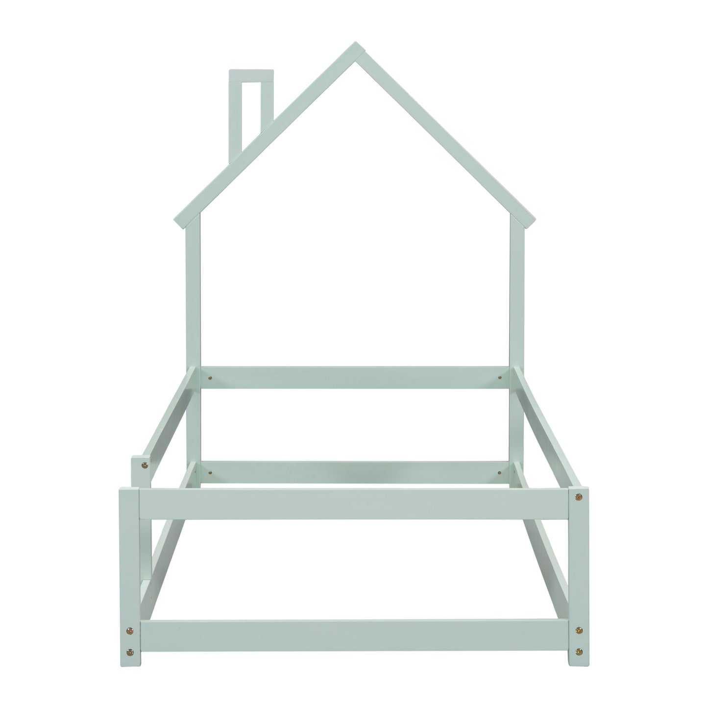 Twin Size Wood Bed With House-Shaped Headboard Floor Bed With Fences - Light Green