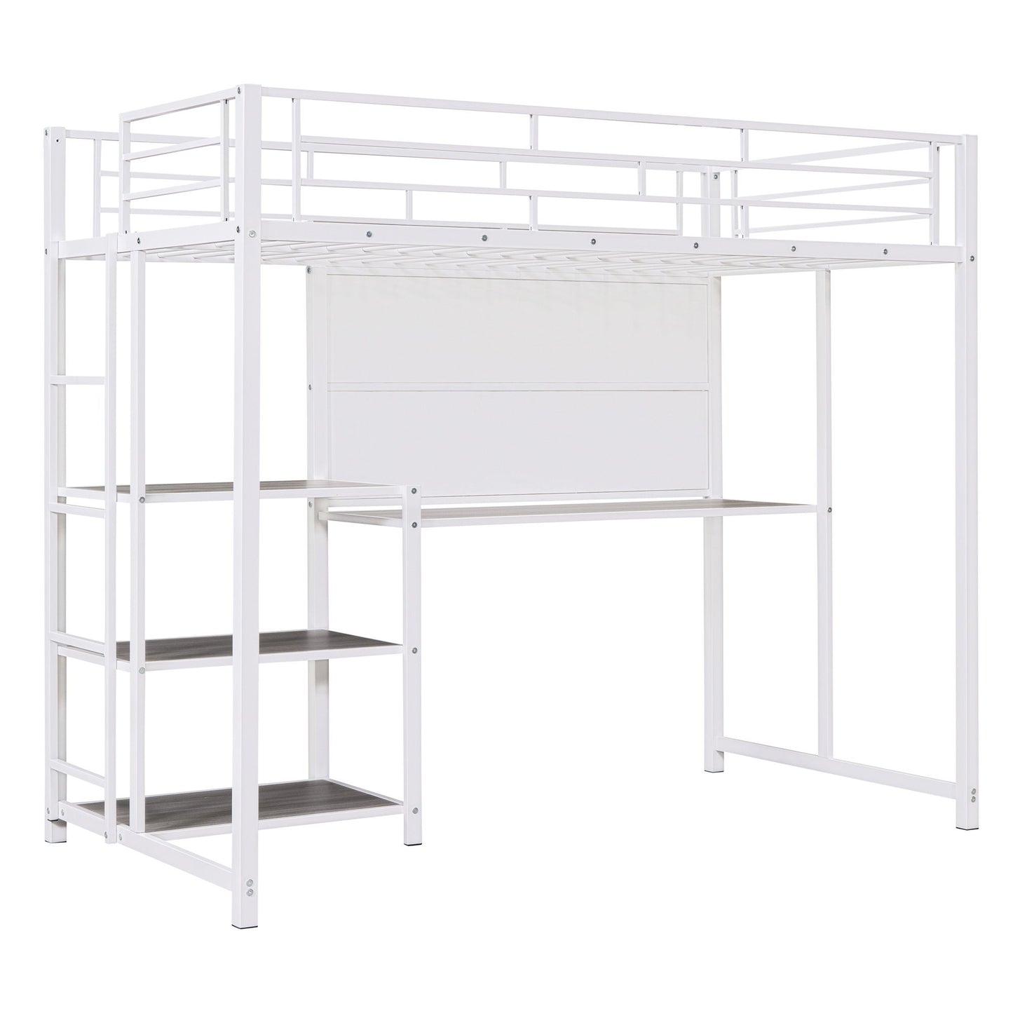 Twin Size Loft Bed With Desk And Whiteboard, Loft Bed With 3 Shelves And Ladder - White