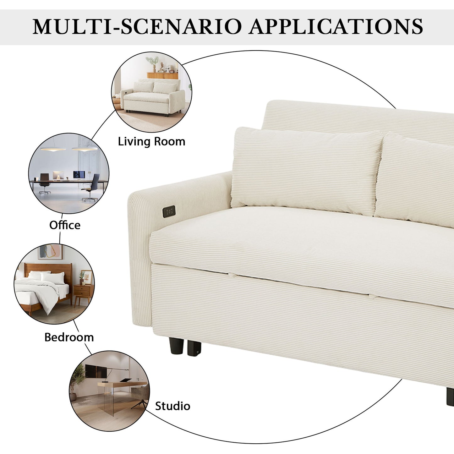 Pull Out Sofa Bed Convertible Couch 2 Seat Loveseat Sofa Modern Sleeper Sofa With 2 Throw Pillows And USB Ports For Living Room - Beige