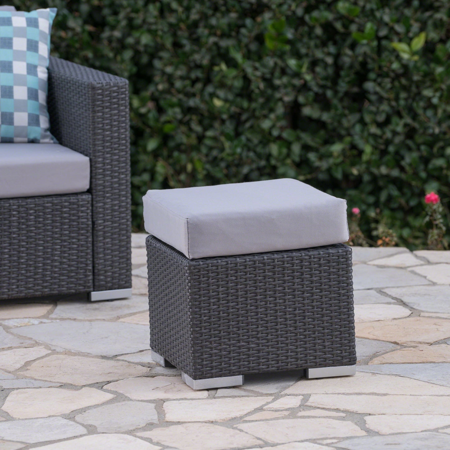 Santa Rosa - Outdoor Lounge Ottoman Rattan Waterproof Fabric - Gray / Silver