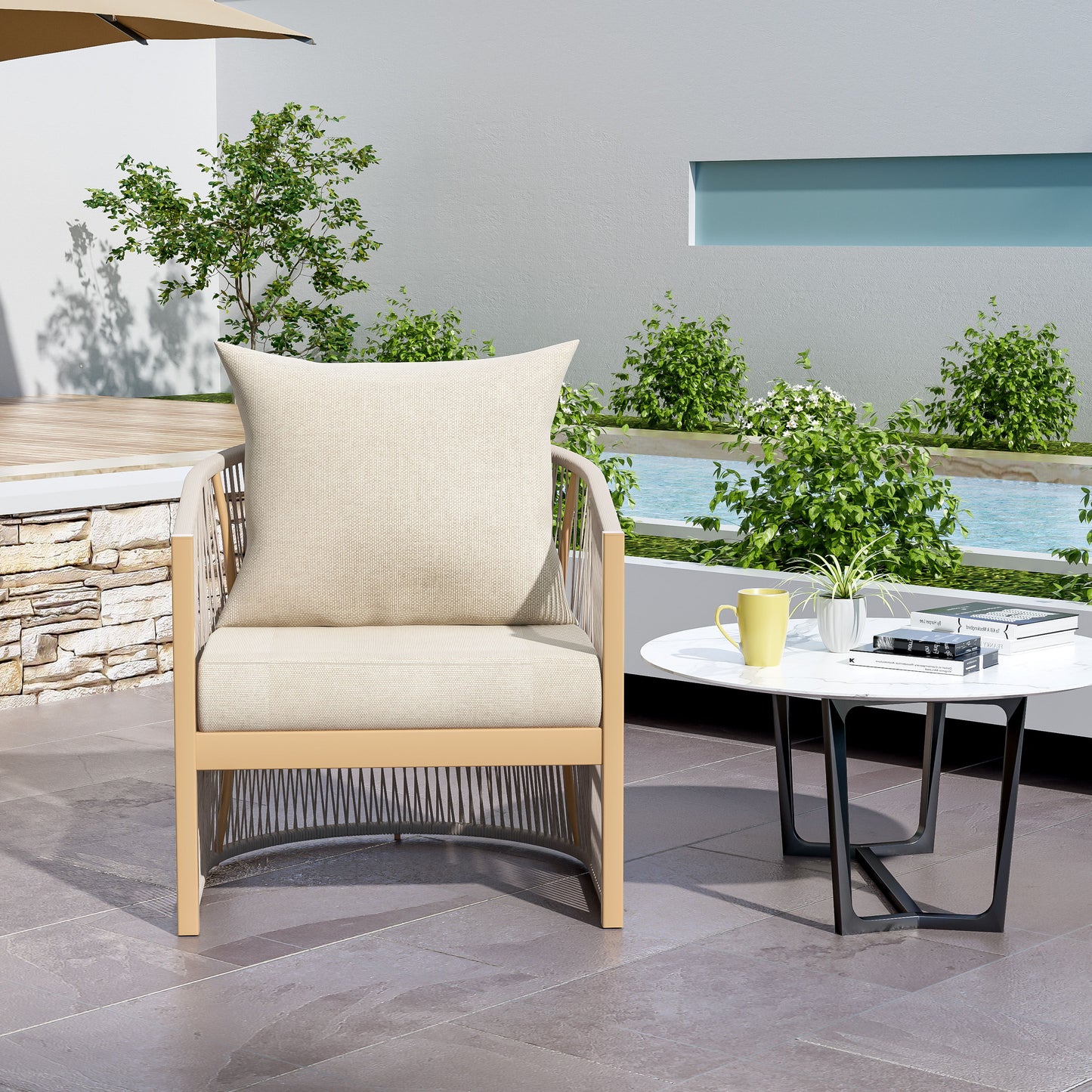 Modern Lounge Chair With Curved Aluminum Frame, Rope Weave Design, And Cushioned Comfort For Outdoor Living - Beige / Natural