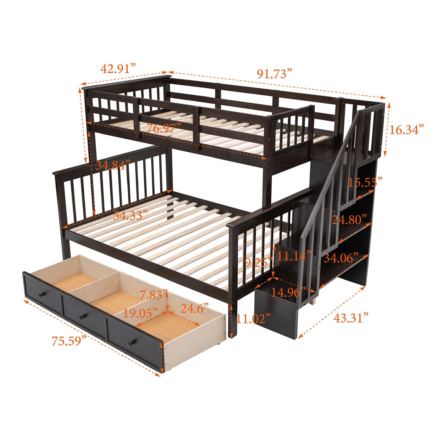Twin Over Full Stairway Bunk Bed With Drawer, Storage And Guard Rail For Bedroom - Espresso
