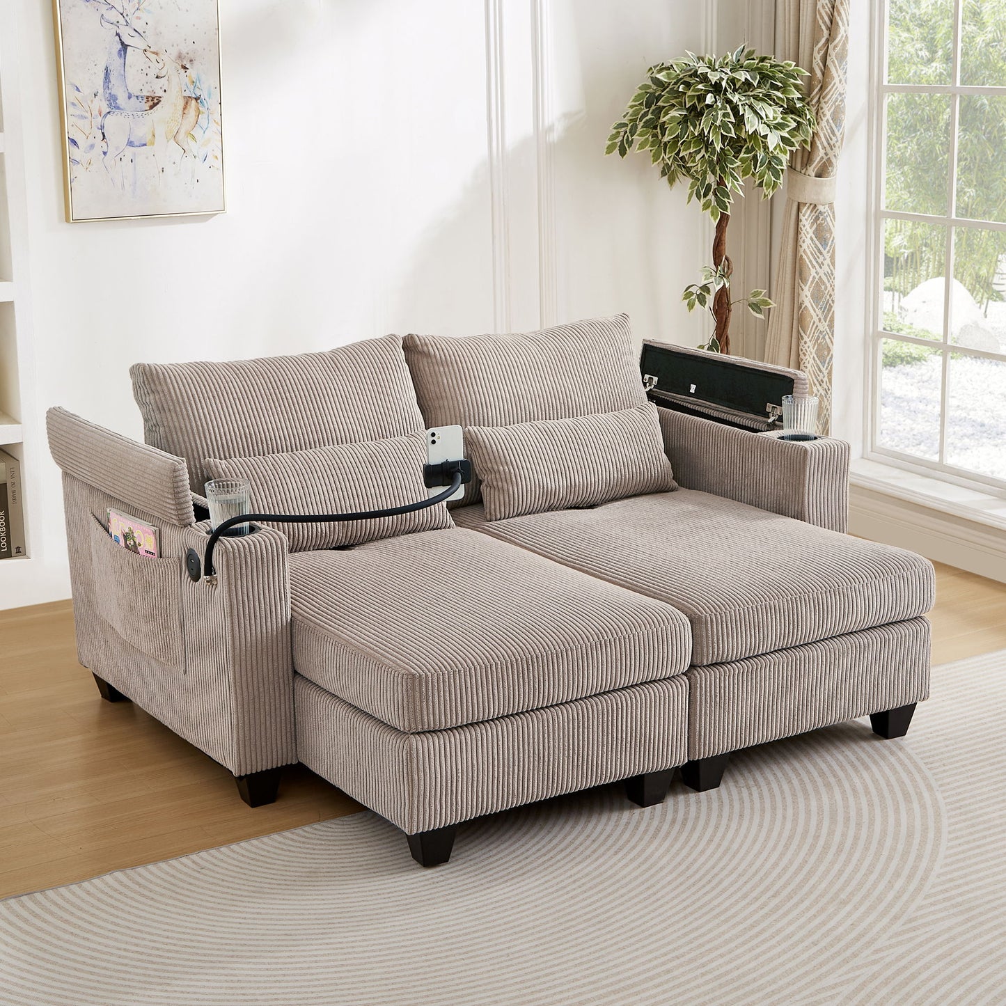 Convertible Chaise Lounge Loveseat Sofa Bed With USB Ports, Cup Holders, Phone Holder, Storage - Brown