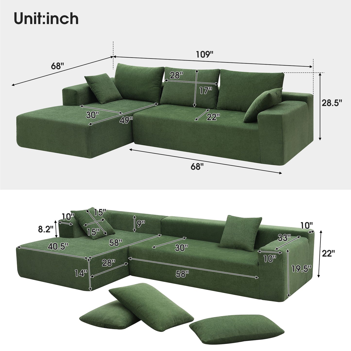 Modular Sectional Living Room Sofa Set, Modern Minimalist Style Couch, Upholstered Sleeper Sofa Salon, 2 Piece Free Combination, L-Shape - Green