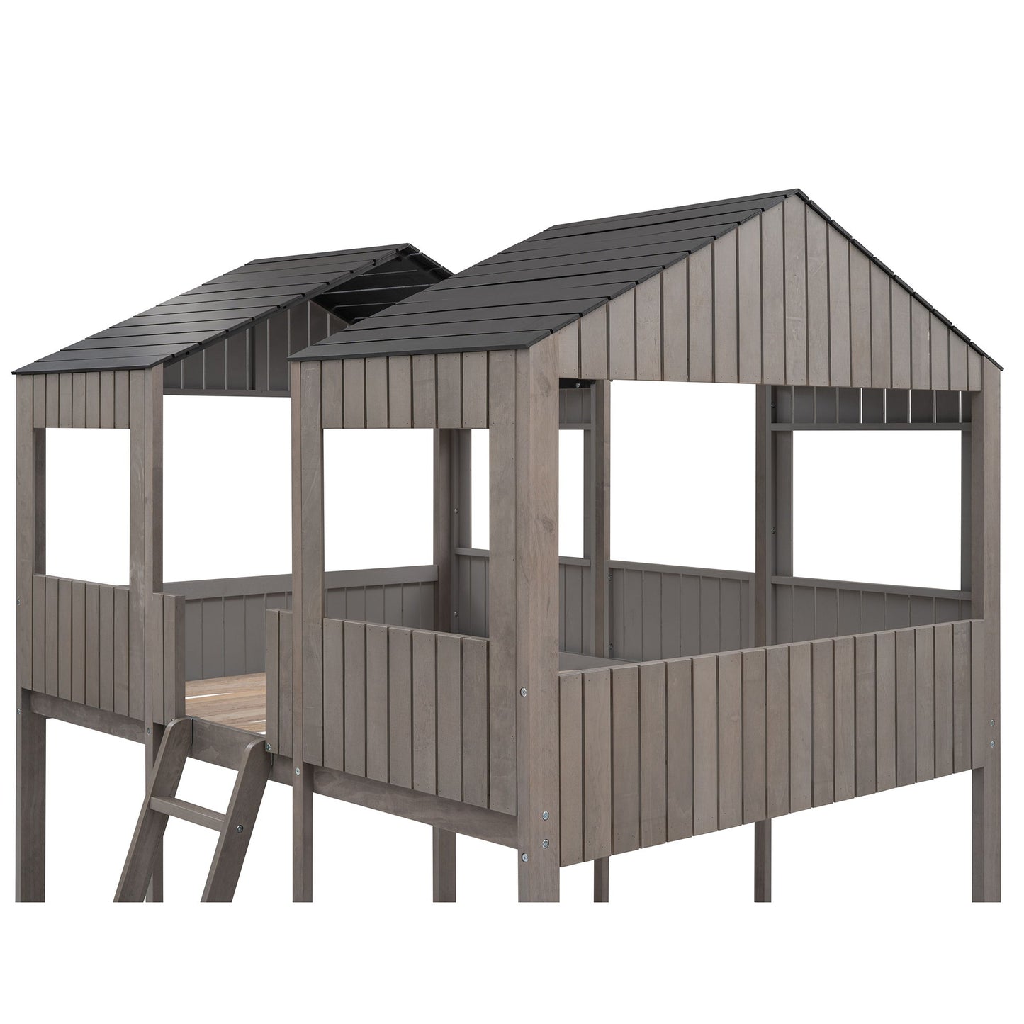 Full Over Full Bunk Bed With Roof, Window, Guardrail, Ladder - Antique Gray