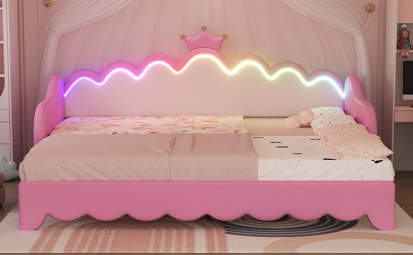 Twin Extending Daybed With LED Lights, Modern Upholstered Princess Daybed With Crown Headboard - Pink