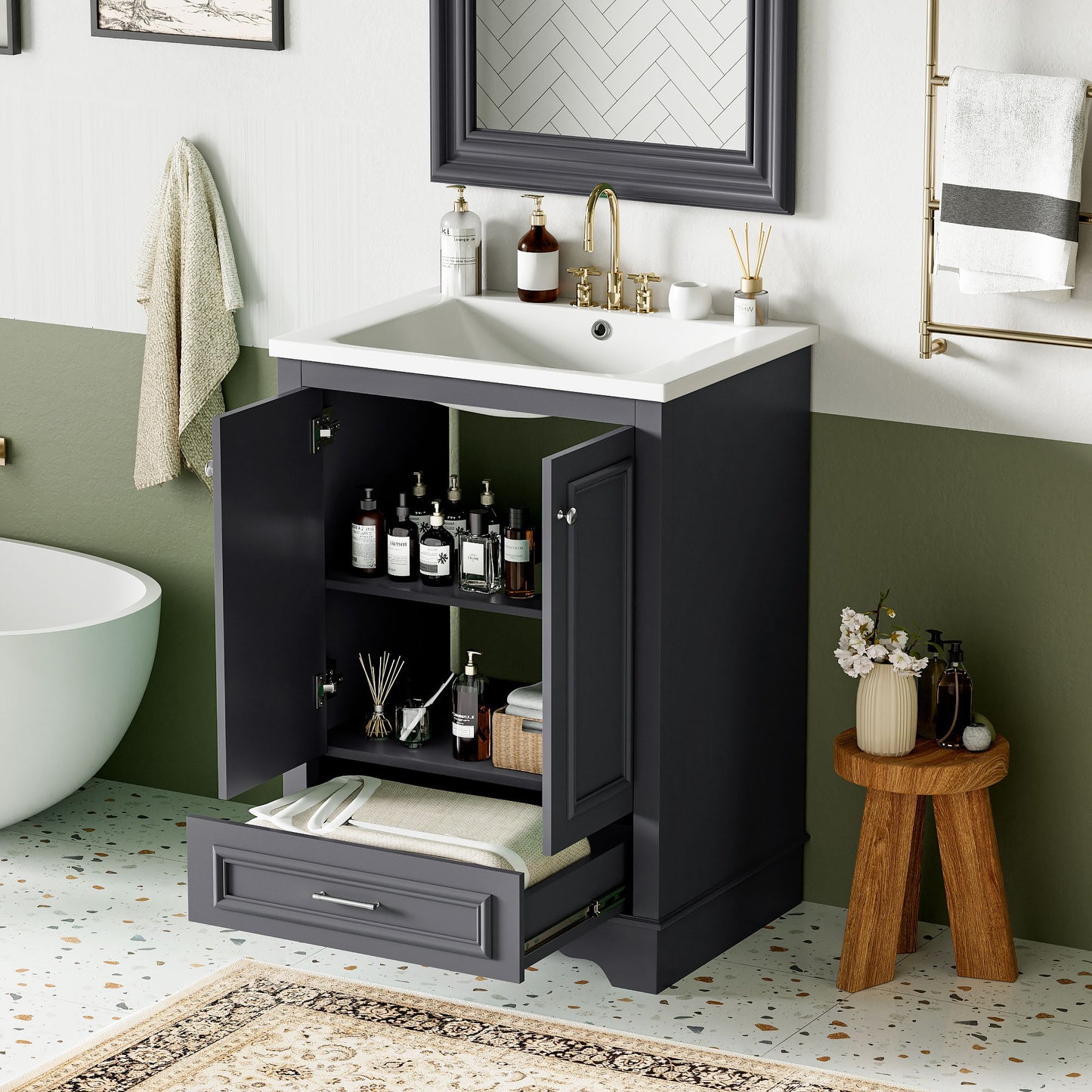 Bathroom Vanity With Ceramic Sink Combo, Modern Freestanding Storage Cabinet With Silver Handles, Soft Closing Doors - Blue Gray