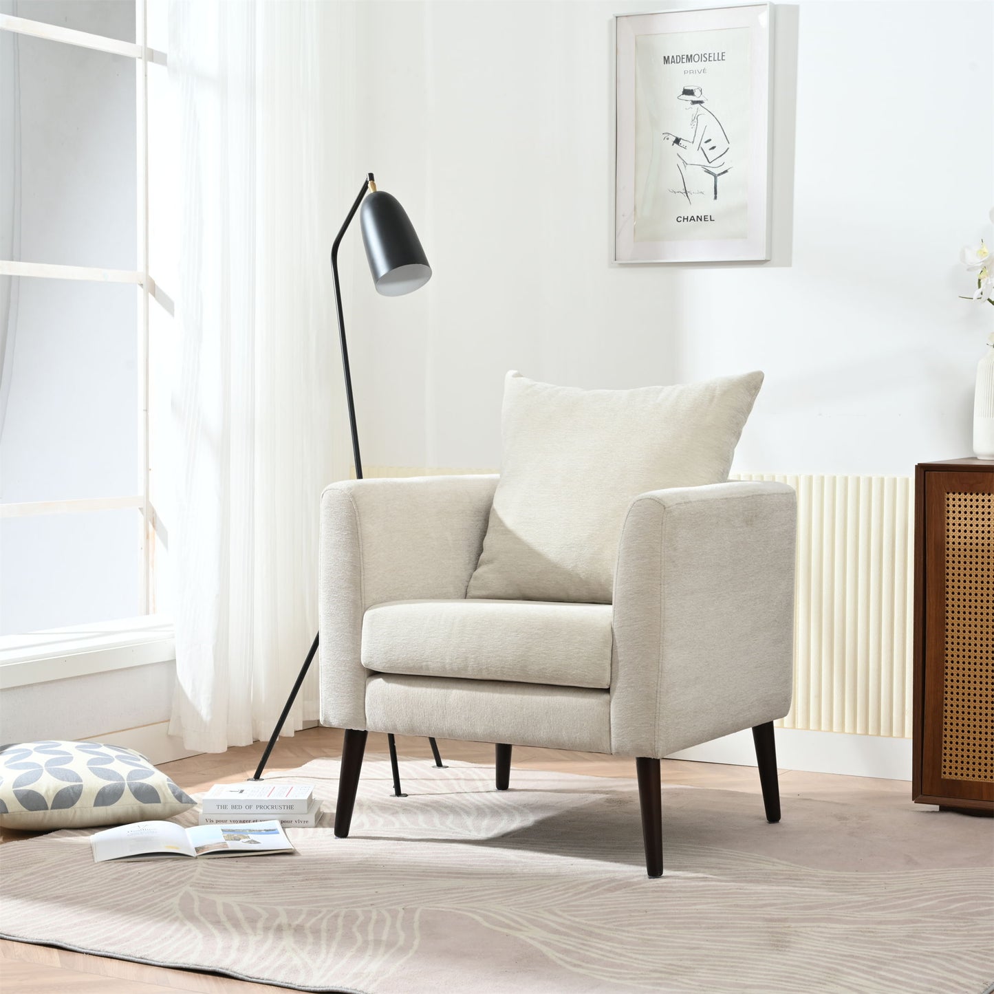 Modern Chenille Accent Chair, Upholstered Armchair For Living Room, Mid Century Fabric Lounge Chair With Pillow, Comfortable Reading Chair With Wood Legs For Living Room, Reception Room - Beige