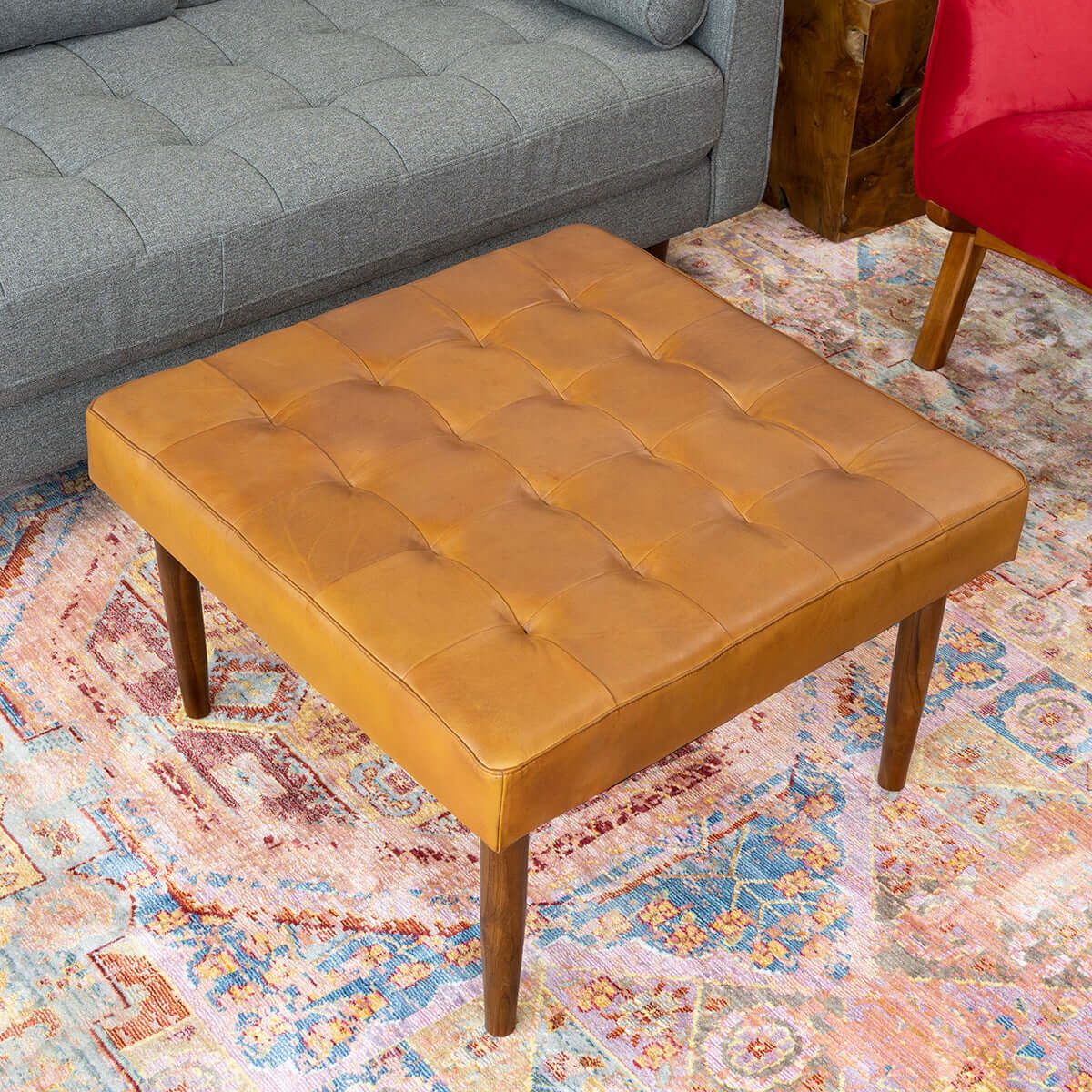 Mark - Mid-Century Tufted Square Genuine Leather Upholstered Ottoman - Light Tan / Rustic