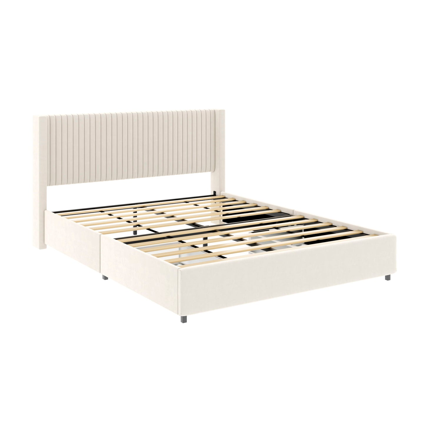 Anna - Queen Patented 2 Drawer Storage Bed, Upholstered Wingback - Ivory Velvet