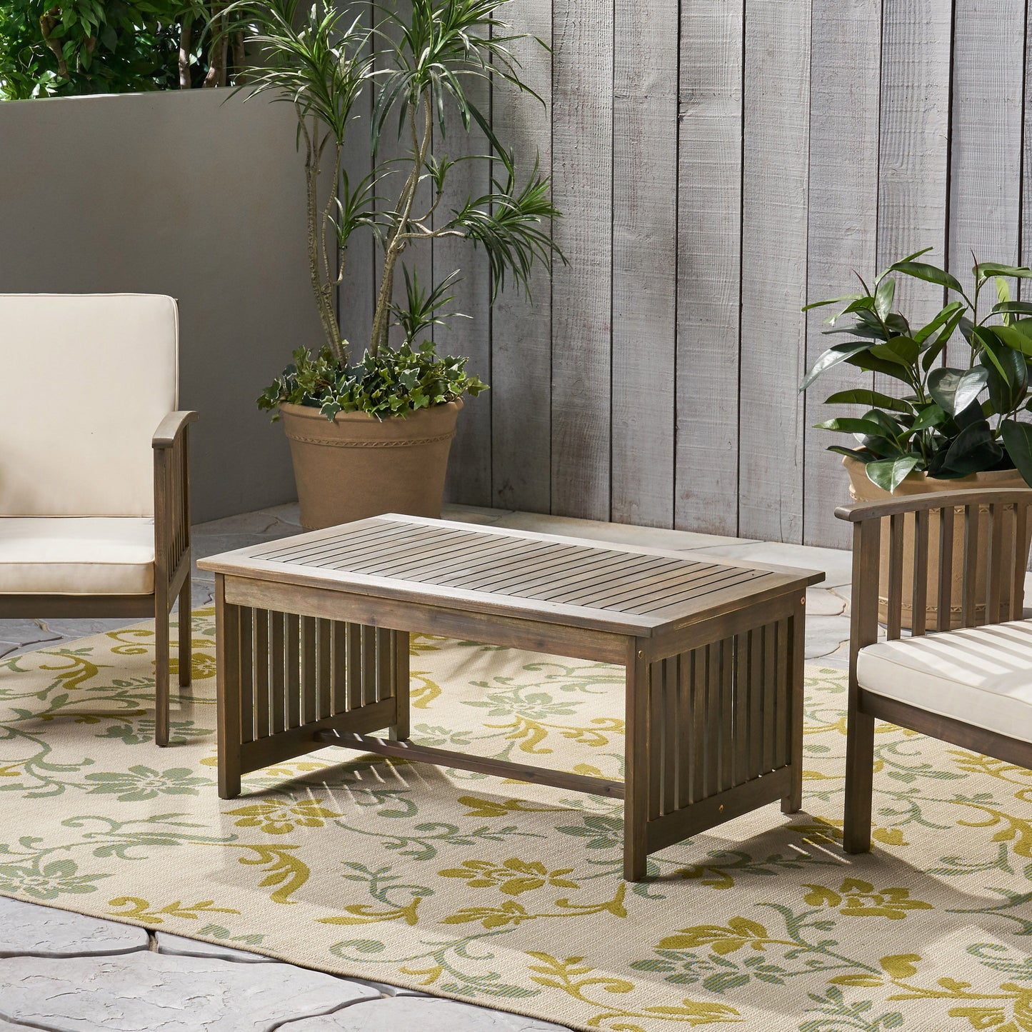 Acacia Wood Outdoor Coffee Table, Rectangular Patio Coffee Table For Outside - Gray