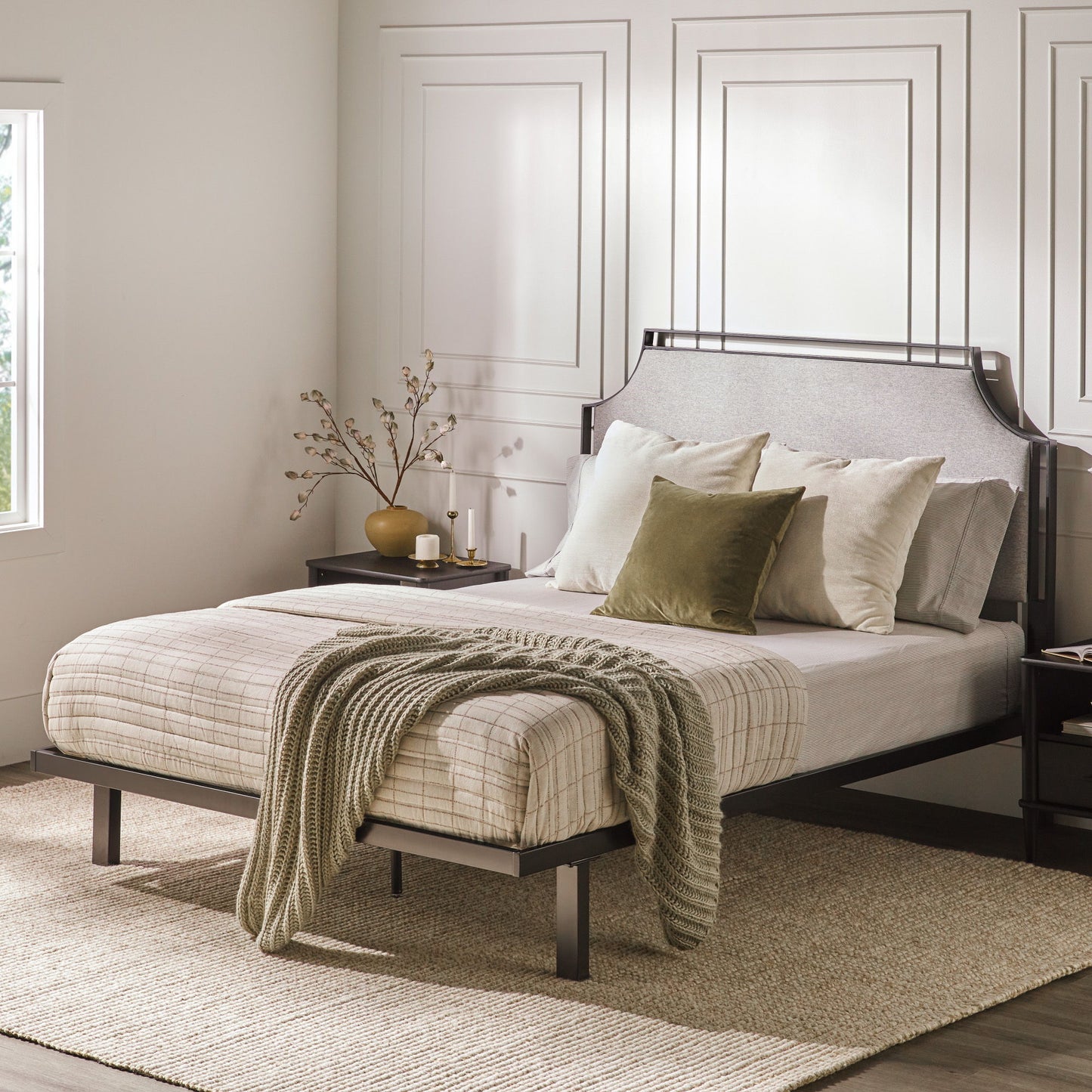 Queen Bed Frame Traditional Upholstered Metal - Gray