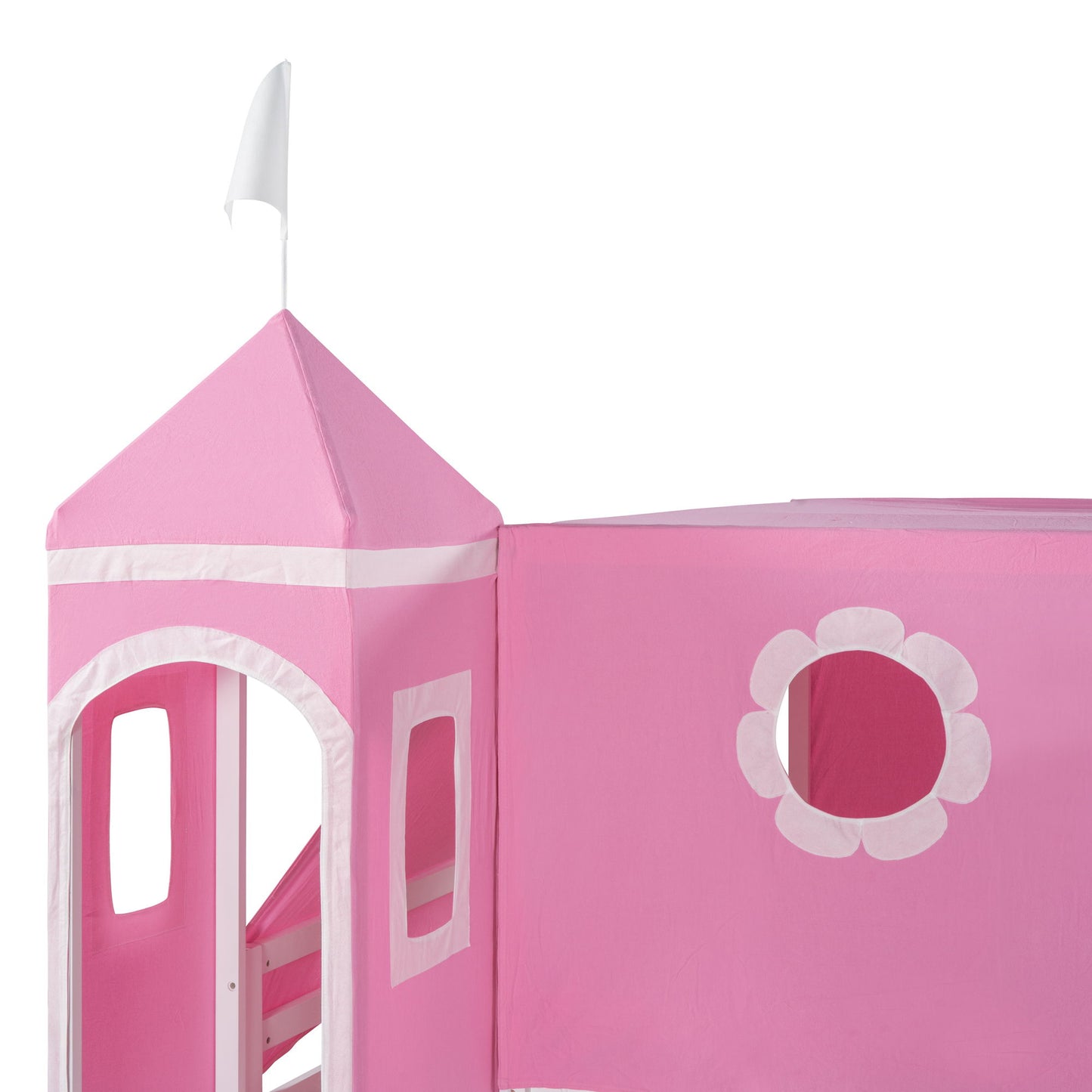 Full Size Loft Bed With Slide And Tent Tower Space Saving Fun Design For Kids - Pink