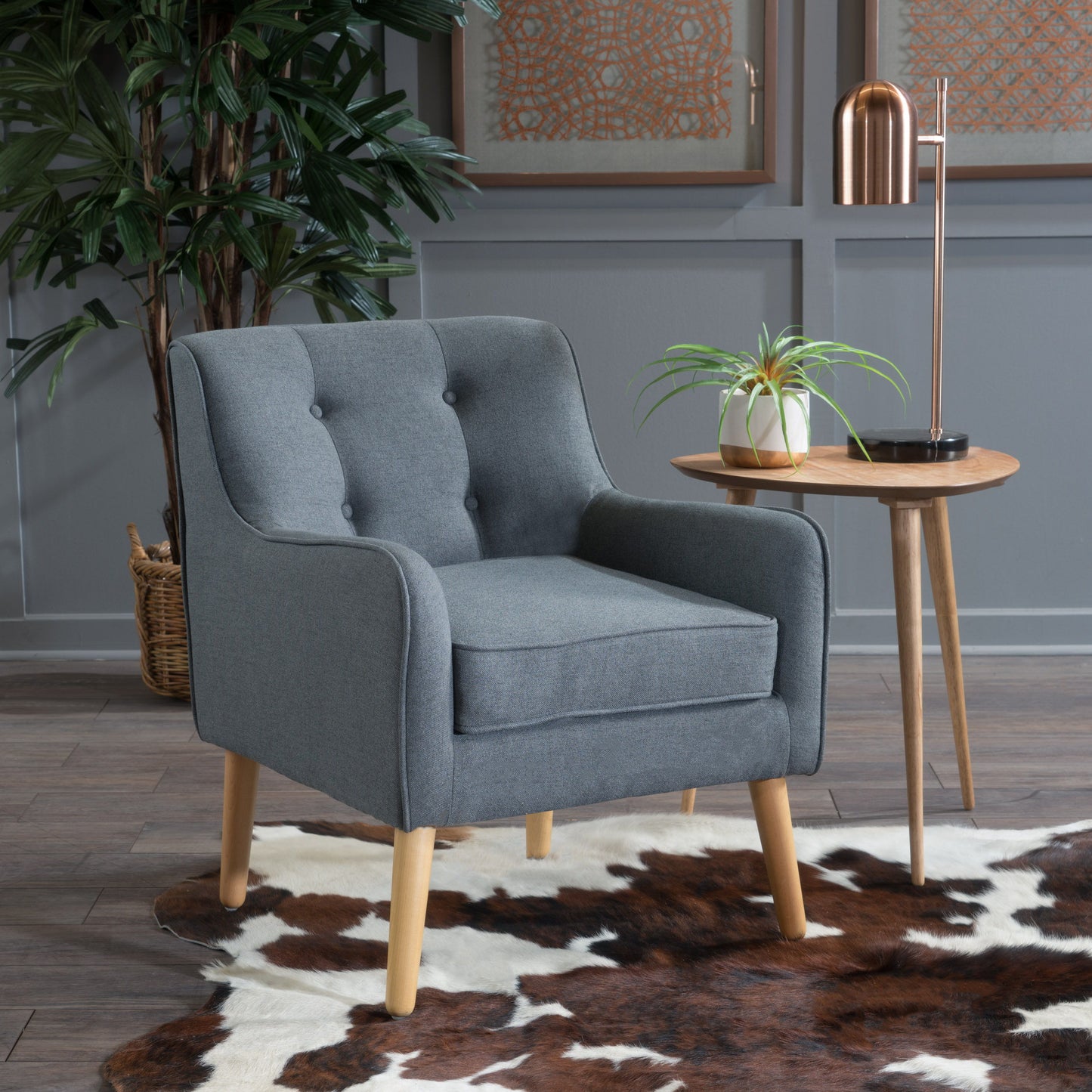 Modern Arm Chair With Tufted Back And Wooden Legs - Charcoal