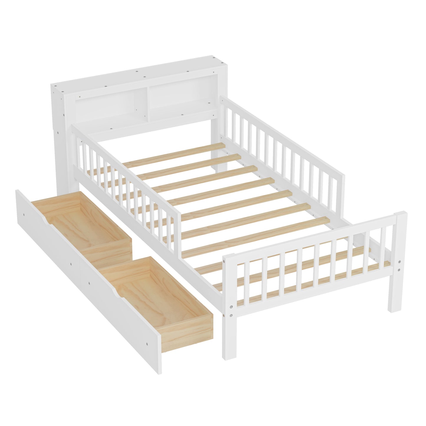 Twin Size Bed With Headboard Storage Rack, 2 Under Bed Drawers, 3 - Side Guardrails For Safety And Security - White