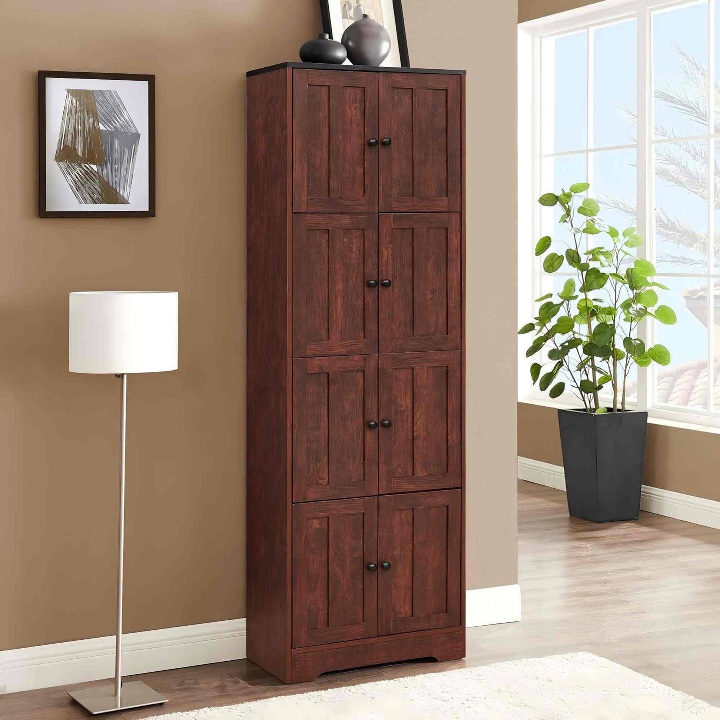 Tall Storage Cabinet With 8 Doors And 4 Shelves, Wall Storage Cabinet For Living Room, Kitchen, Office, Bedroom, Bathroom - Walnut