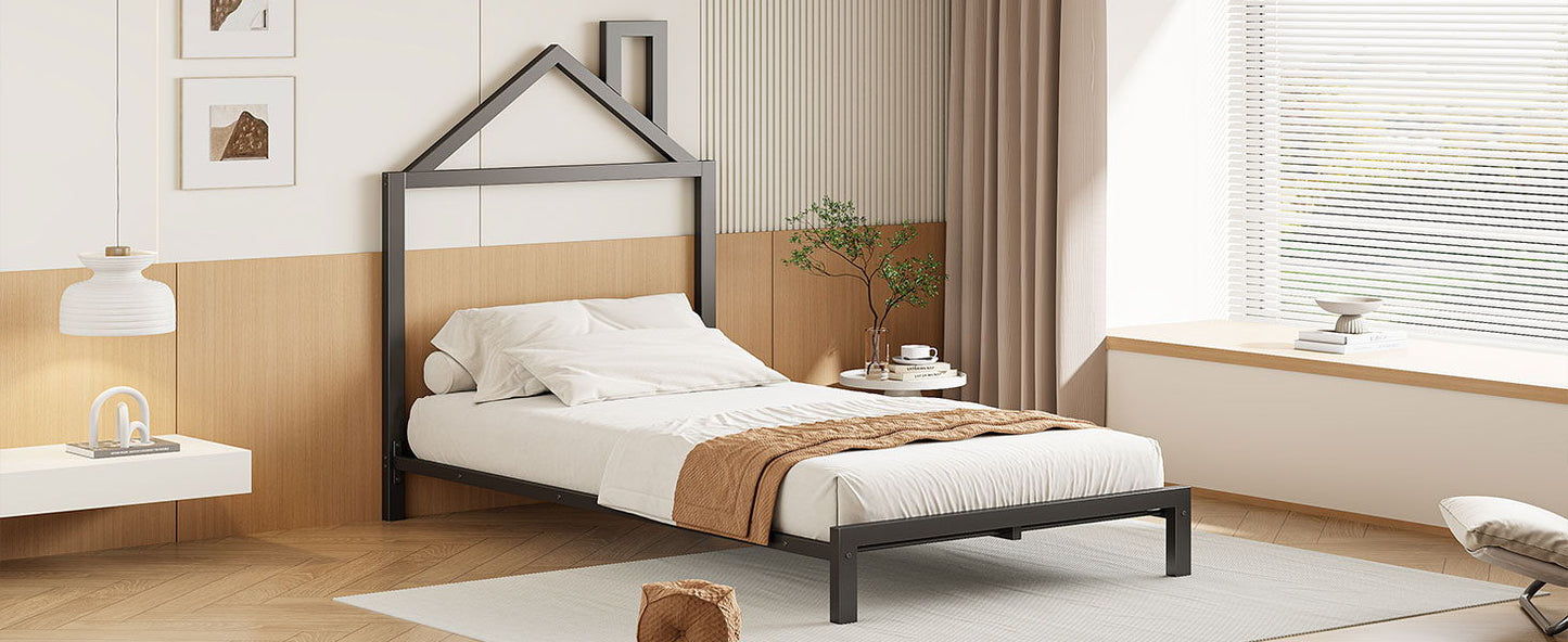 Twin Size Platform Bed With House-Shaped Headboard Design - Black