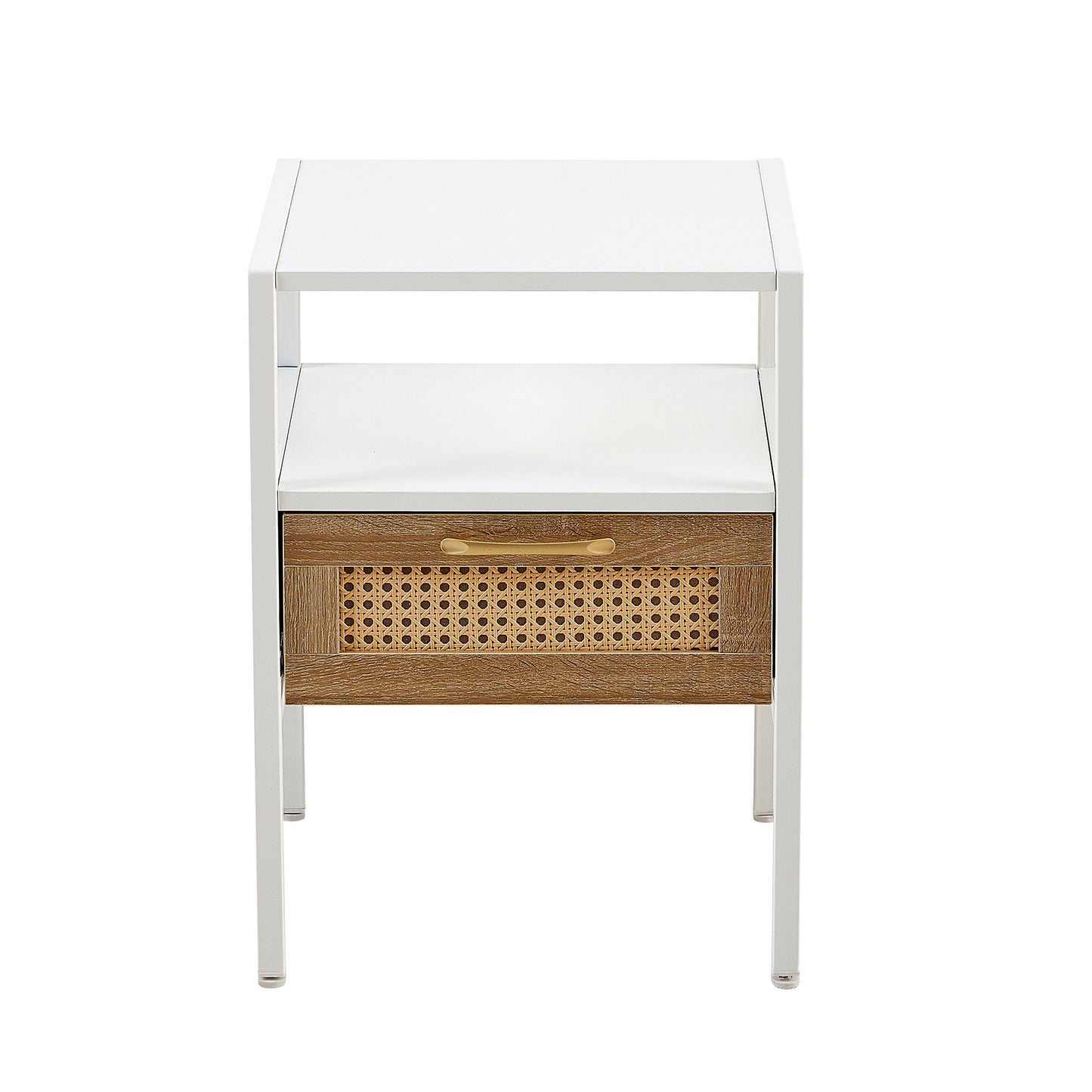 Rattan End Table With Drawer, Modern Nightstand, Metal Legs, Side Table For Living Room, Bedroom - White