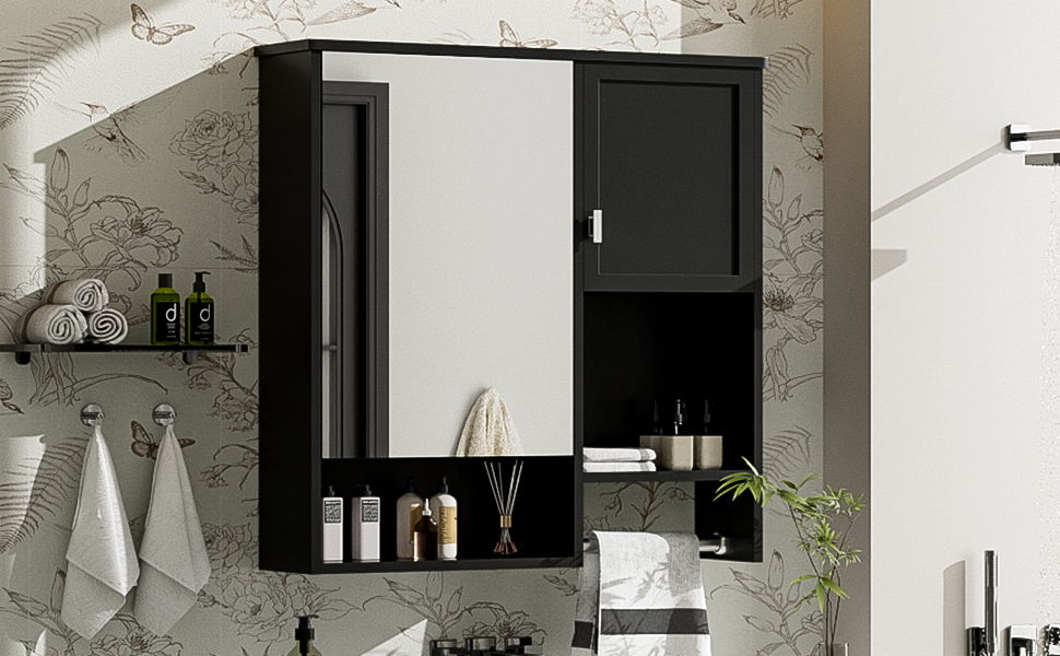Modern Wall Mounted Bathroom Medicine Cabinet, Bathroom Wall Storage Cabinet With Mirror, Over The Toilet Space Saver Cabinet With Towels Bar - Black