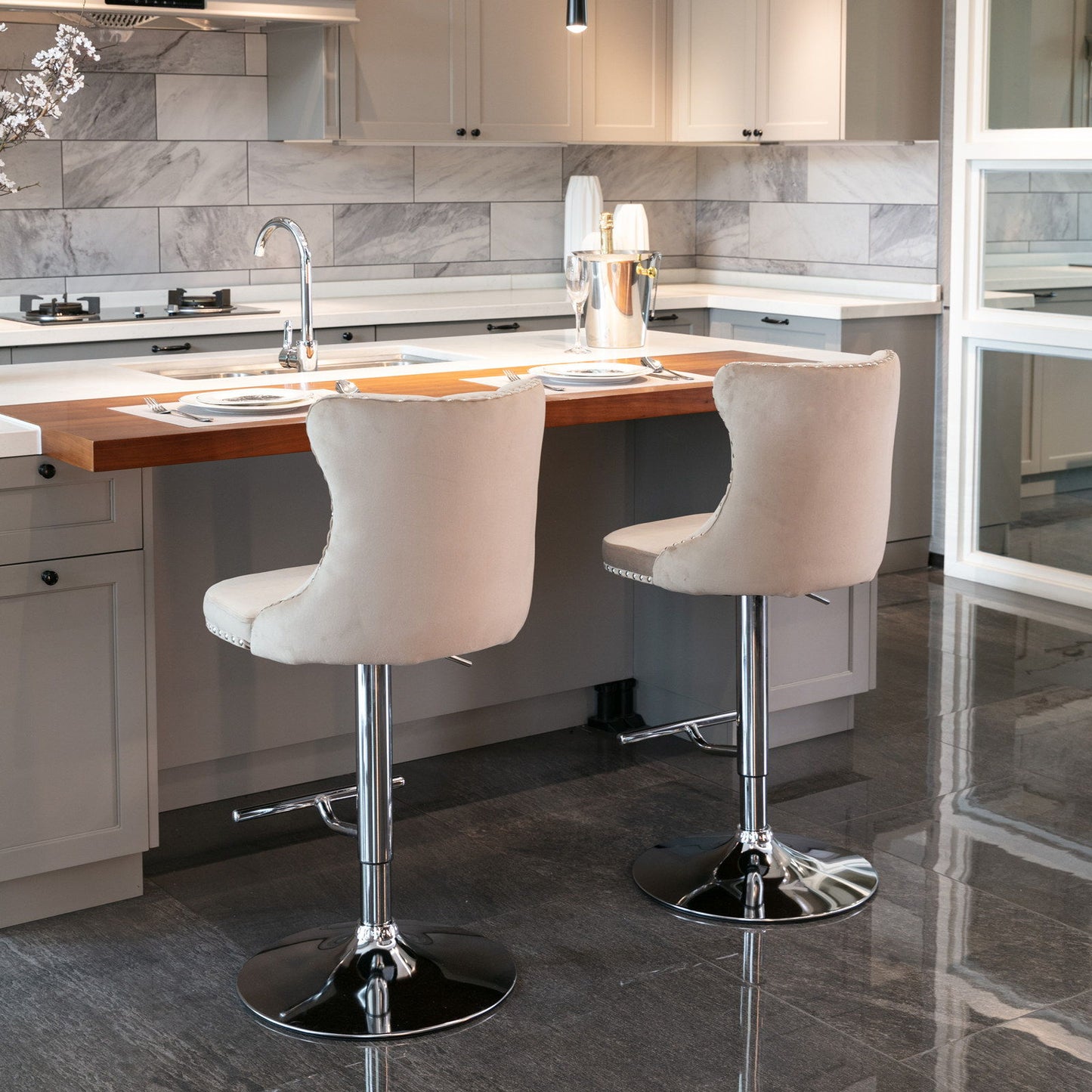 Swivel Velvet Barstools Adjusatble Seat Height From 25-33", Modern Upholstered Chrome Base Bar Stools With Backs Comfortable Tufted For Home Pub And Kitchen Island (Set of 2) - Khaki