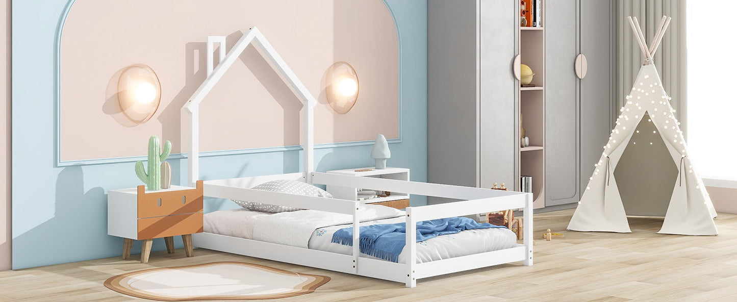 Twin Size Wood Bed With House-Shaped Headboard Floor Bed With Fences - White