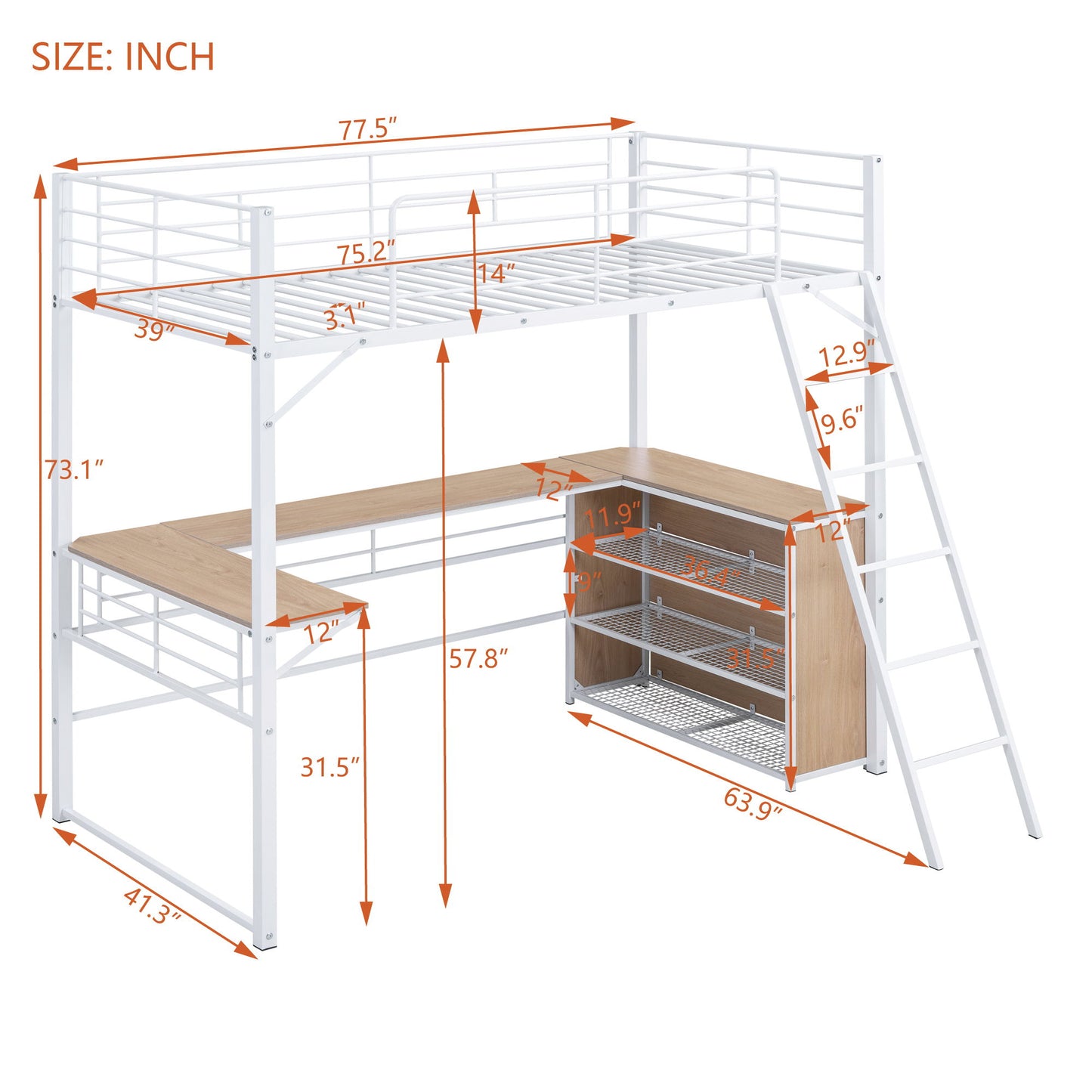 Twin Size Loft Bed With 3 Layers Of Shelves And L-Shaped Desk - White
