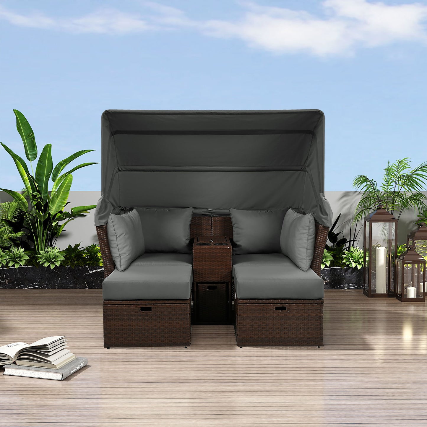 2 Seater Outdoor Patio Daybed Outdoor Double Daybed Outdoor Loveseat Sofa Set With Foldable Awning And Cushions For Garden, Balcony, Poolside - Gray