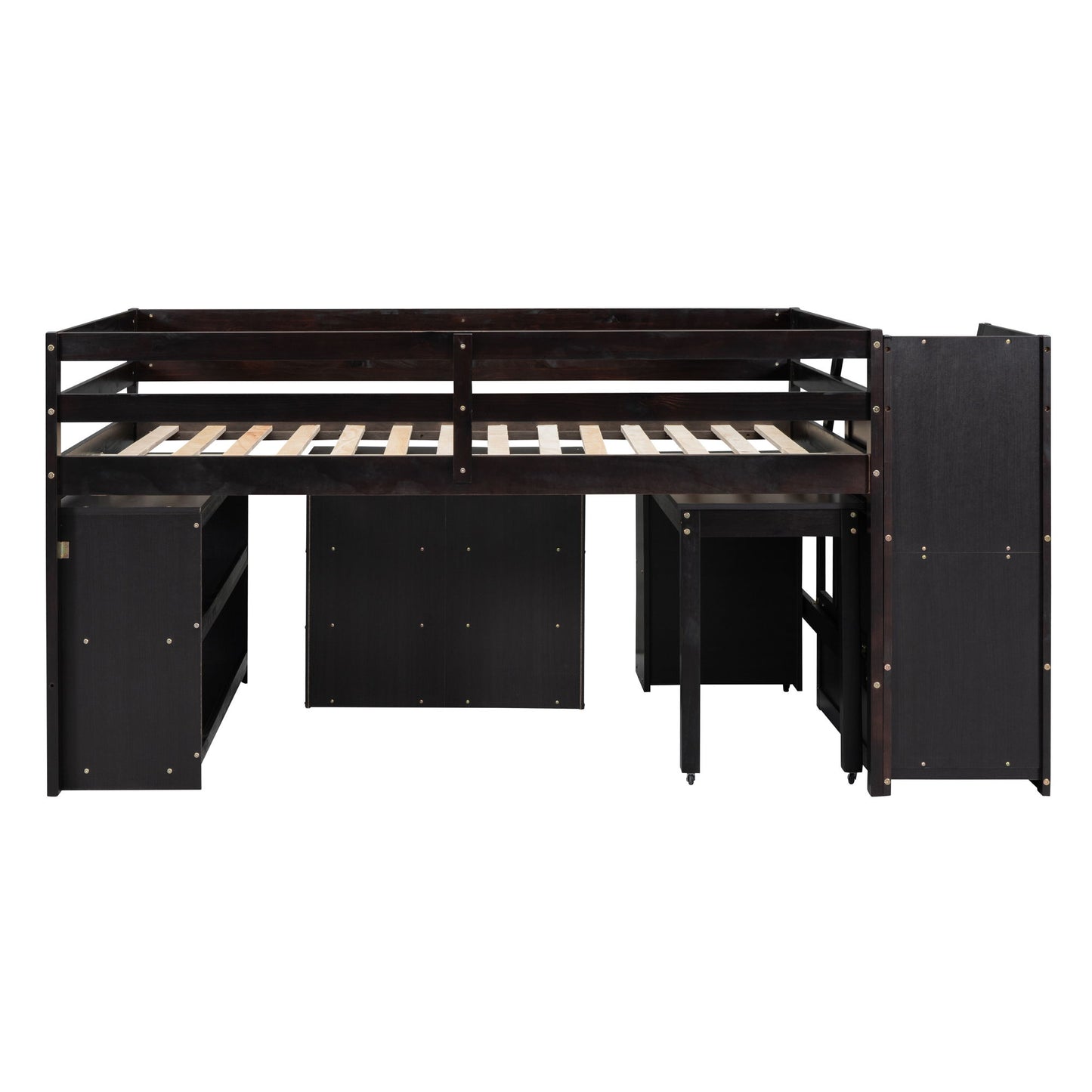 Full Size Loft Bed With Retractable Writing Desk And 3 Drawers With Storage Stairs And Shelves - Espresso