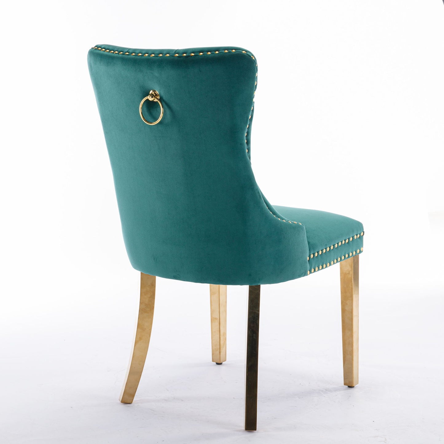 Nikki - Modern, High-End Tufted Solid Wood Contemporary Velvet Upholstered Dining Chair With Golden Stainless Steel Plating Legs, Nailhead Trim (Set of 2) - Green