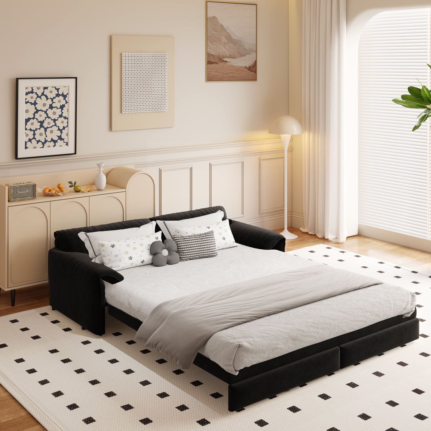 Queen Pull Out Sofa Bed, 3 In 1 Convertible Sleeper Sofa With Side Storage Multifunctional Velvet Loveseat Bed For Living Room - Black
