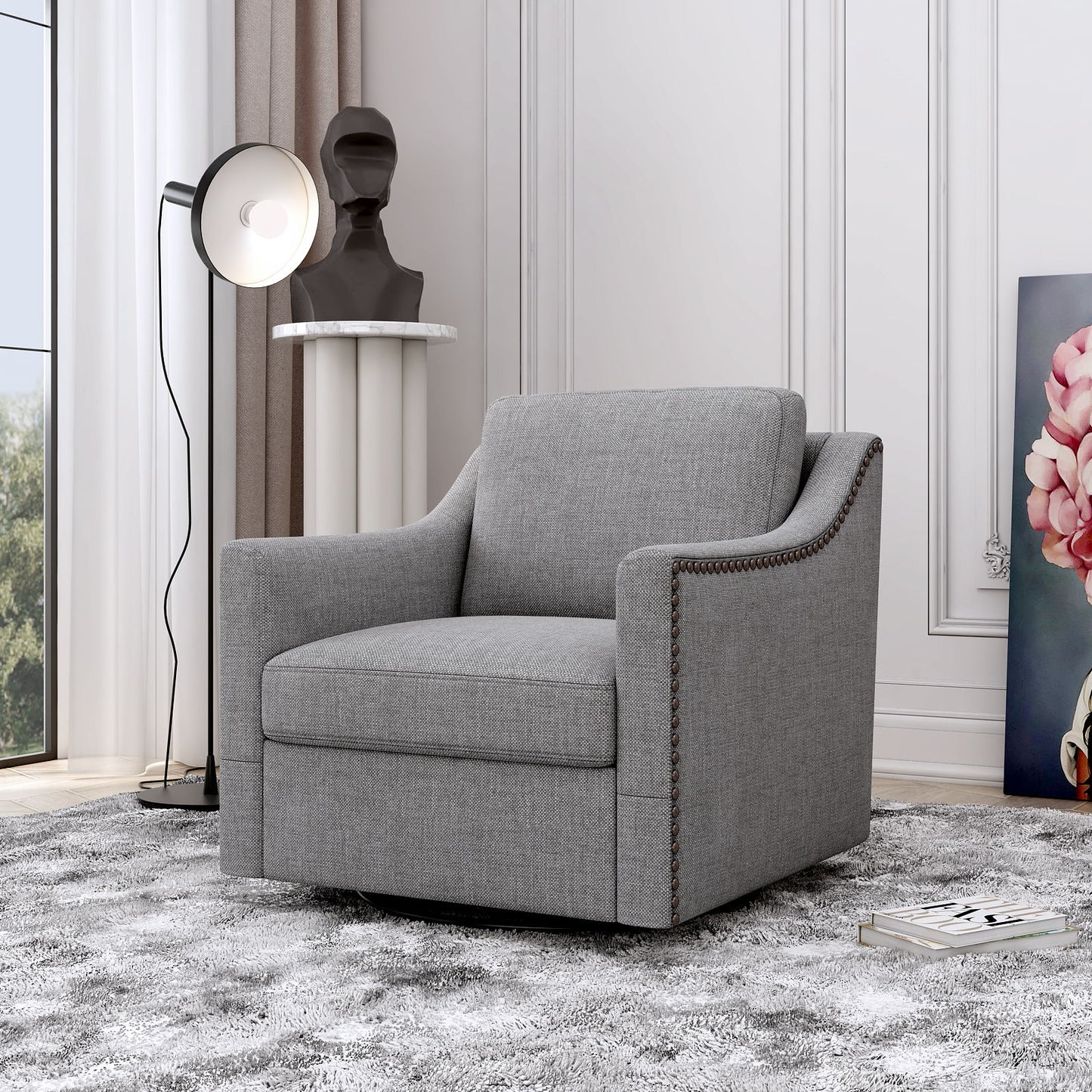 360 Degree Swivel Armchair Cotton Linen Skin - Friendly Fabric Ergonomic Design Brass Nail Decorative Armchair Living Room Chairs Bedroom Chairs Living Room Chairs Black Legs Suitable For Indoor Homes - Gray