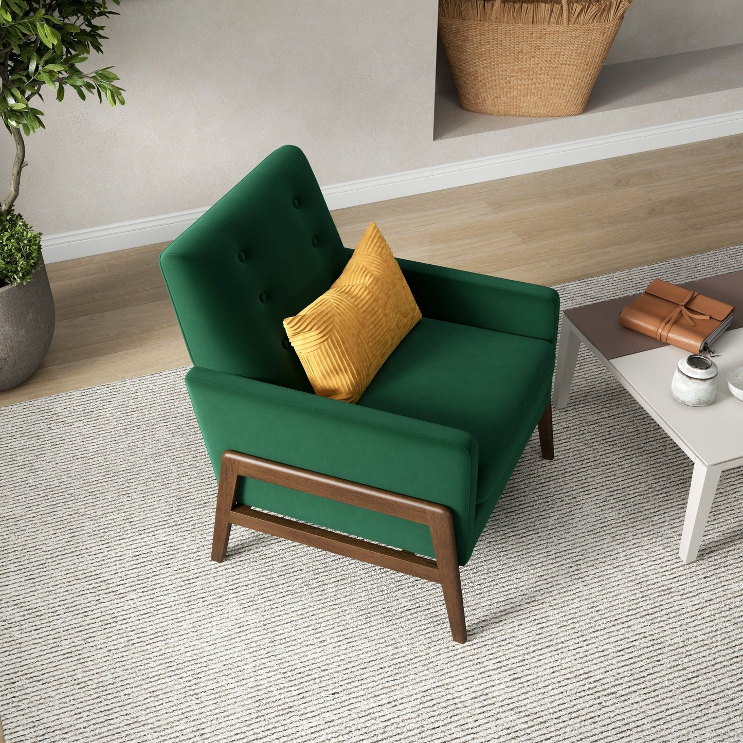 Cole - Solid Wood Lounge Chair - Green Fabric