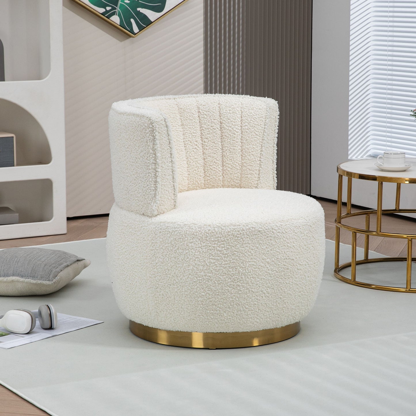 Coolmore - 360 Degree Swivel Cuddle Barrel Accent Sofa Chair, Round Armchair With Wide Upholstered Teddy Fabric - Cream